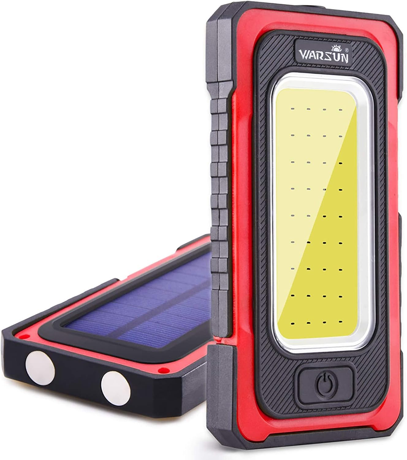 WARSUN Rechargeable Portable Magnetic Work Light, LED Flood Light Waterproof for Outdoor Camping Hiking Emergency Car Repairing (USB + Solar Charging, Red)