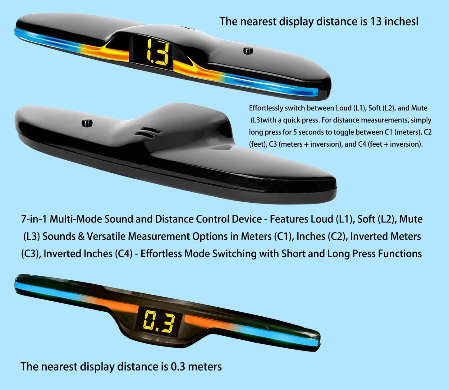 New Features Forward and Reverse Parking sensors, Option to Measure Distance in inches, bidirectional Display Option, and Customizable Digital Direction.