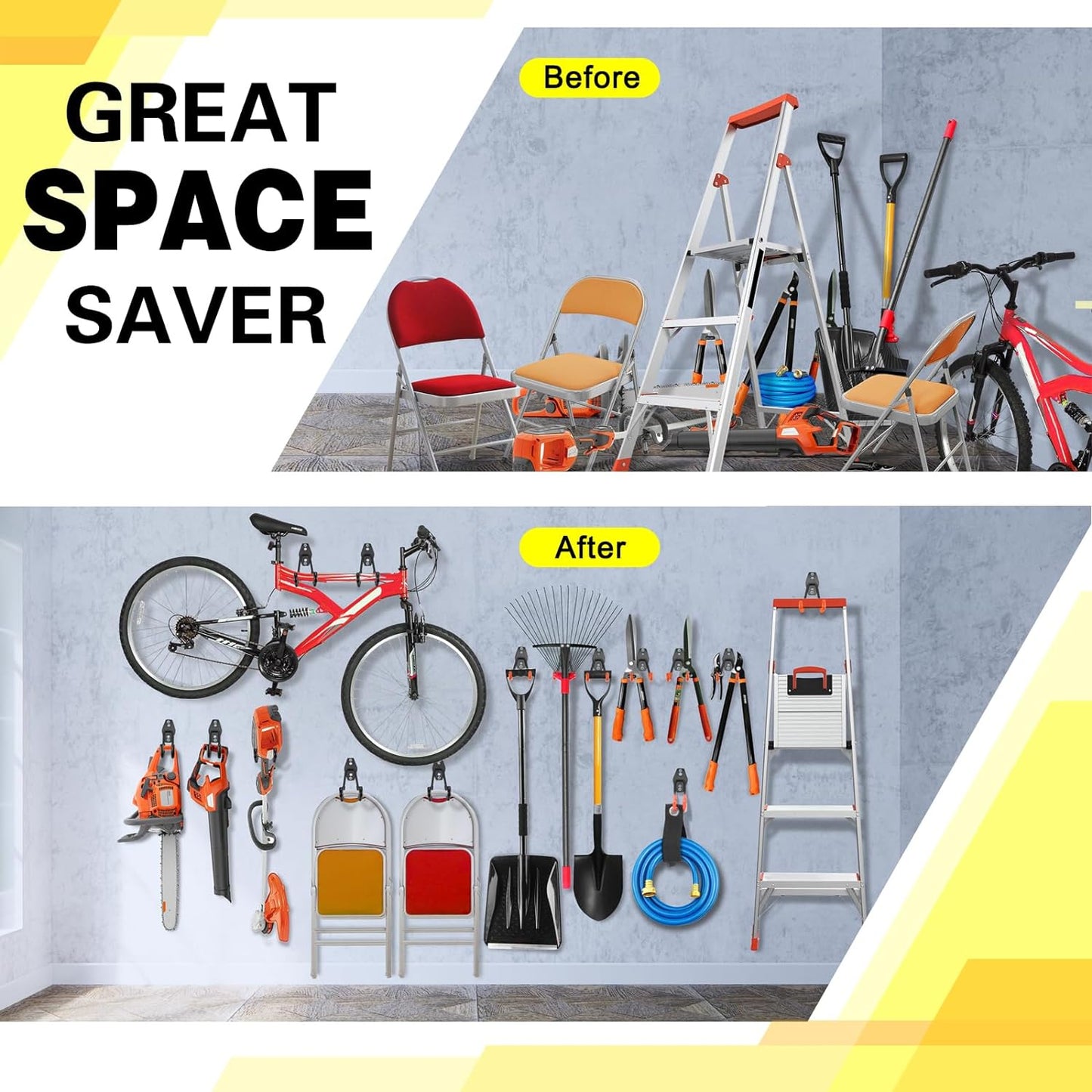 18 Pack Heavy Duty Garage Hooks, Utility Wall Mounted Storage System, with Anti-Slip Coating Hanger, for Hanging Power and Garden Tools, Ladders, Bikes, Ropes and Bulk Items