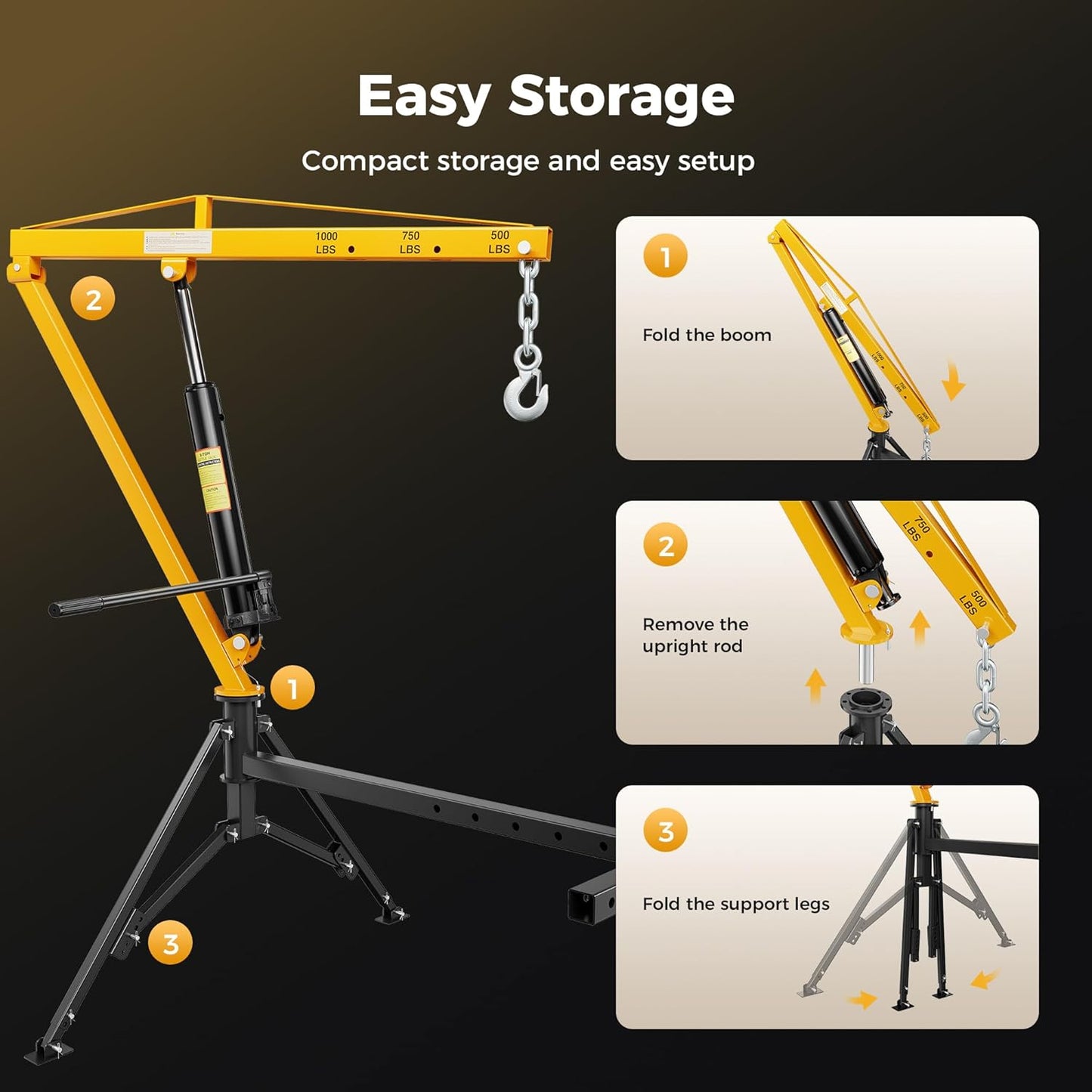 1000lbs Receiver Hitch Mounted Hydraulic 360° Swivel Truck Crane with 3 Boom Capacity Options: 500lbs, 750lbs, 1000lbs. Ideal for Workshops, Construction, Agriculture, and Logging