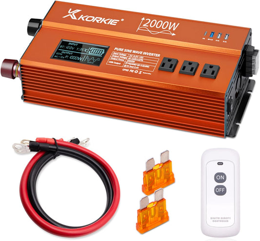 2000W Pure Sine Wave Inverter, Car Power Inverter, 12V DC to 110V, with Type-C, Dual 5.2V/2.4A USB, 3AC Outlets for Home,Camping, RV, Truck, Vehicles