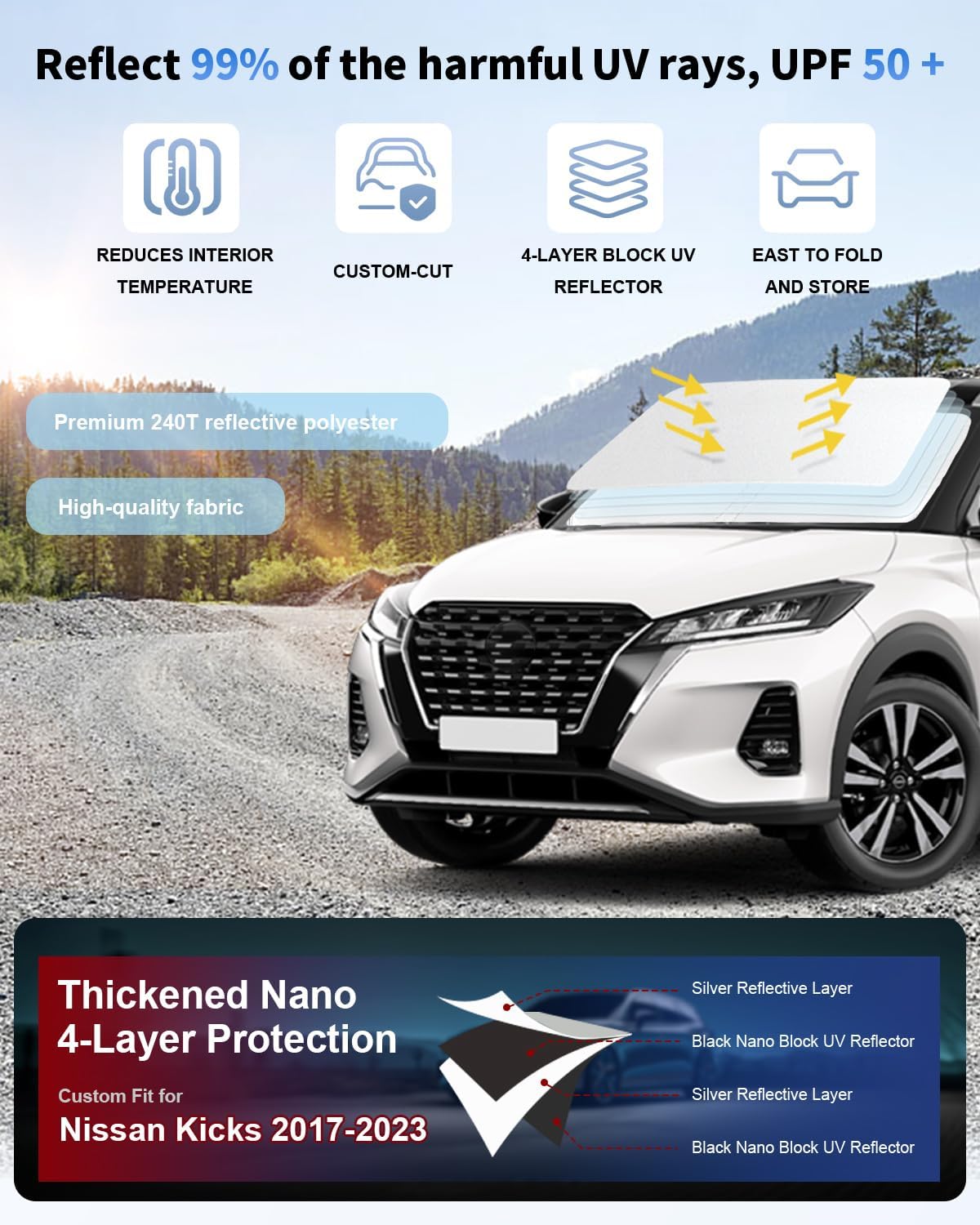 for Kicks Windshield Sun Shade Sunshade for 2018 2020 2021 2022 2023 2024 2025 Nissan Kicks S SV SR Crossover Accessories 2-Layer Car Front Window Sun Visor Shield Foldable Protector Blocks UV