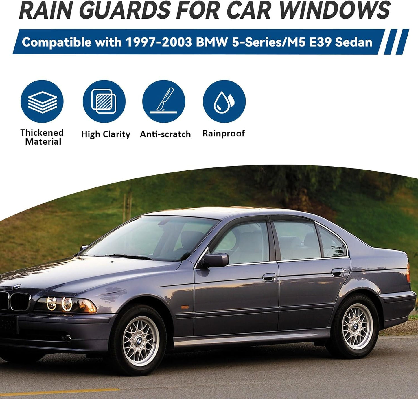 4pcs Front+Rear Smoke Tint Sun/Rain Guard Outside Mount Tape-On Vent Window Visors Compatible with 97-03 E39 5-Series 4-Door Sedan M5 525 528 530 540 i