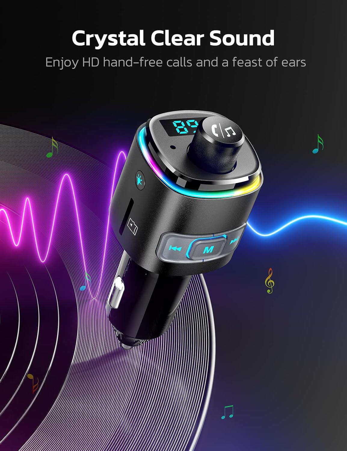 Nulaxy Bluetooth FM Transmitter, QC3.0 Fast Charge Bluetooth Car Adapter, Wireless Radio Car Kit with 7 Color LED Backlit, USB Flash Drive, microSD Card, Glossy Black