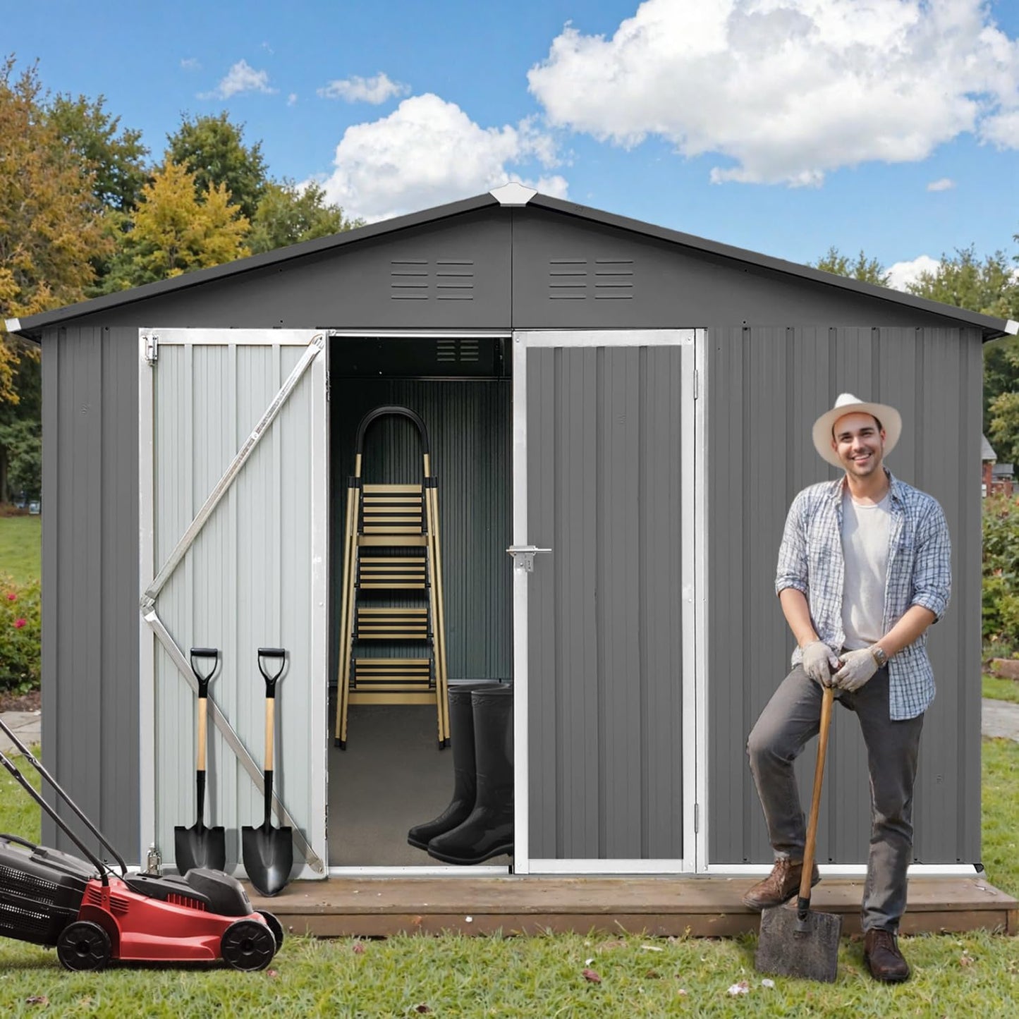 10 x 12 FT Outdoor Storage Shed, Metal Garden Tool Shed with Slooping Roof, Lockable Doors and Windows, Easy to Assemble for Garden, Patio, Lawn, Grey