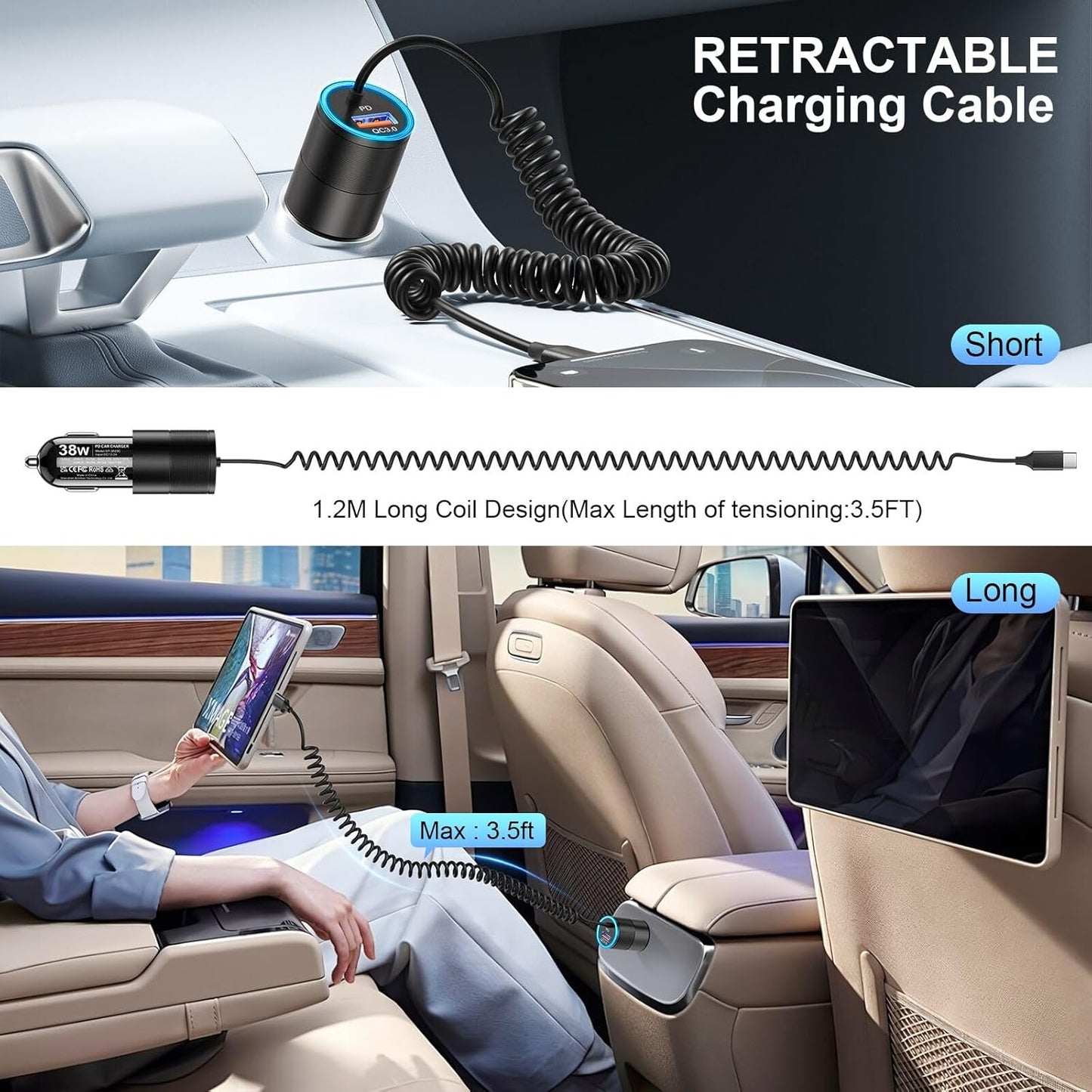 Car Charger USB C,38W Super Fast Car Adapter with PD 3.0 Bulit in 3.5FT USB C Coiled Cable,Car Phone Charger Fast Charging Compatible with iPhone 16/15 Pro Max,Galaxy S25/S24/S23 Note 20/10,Pixel