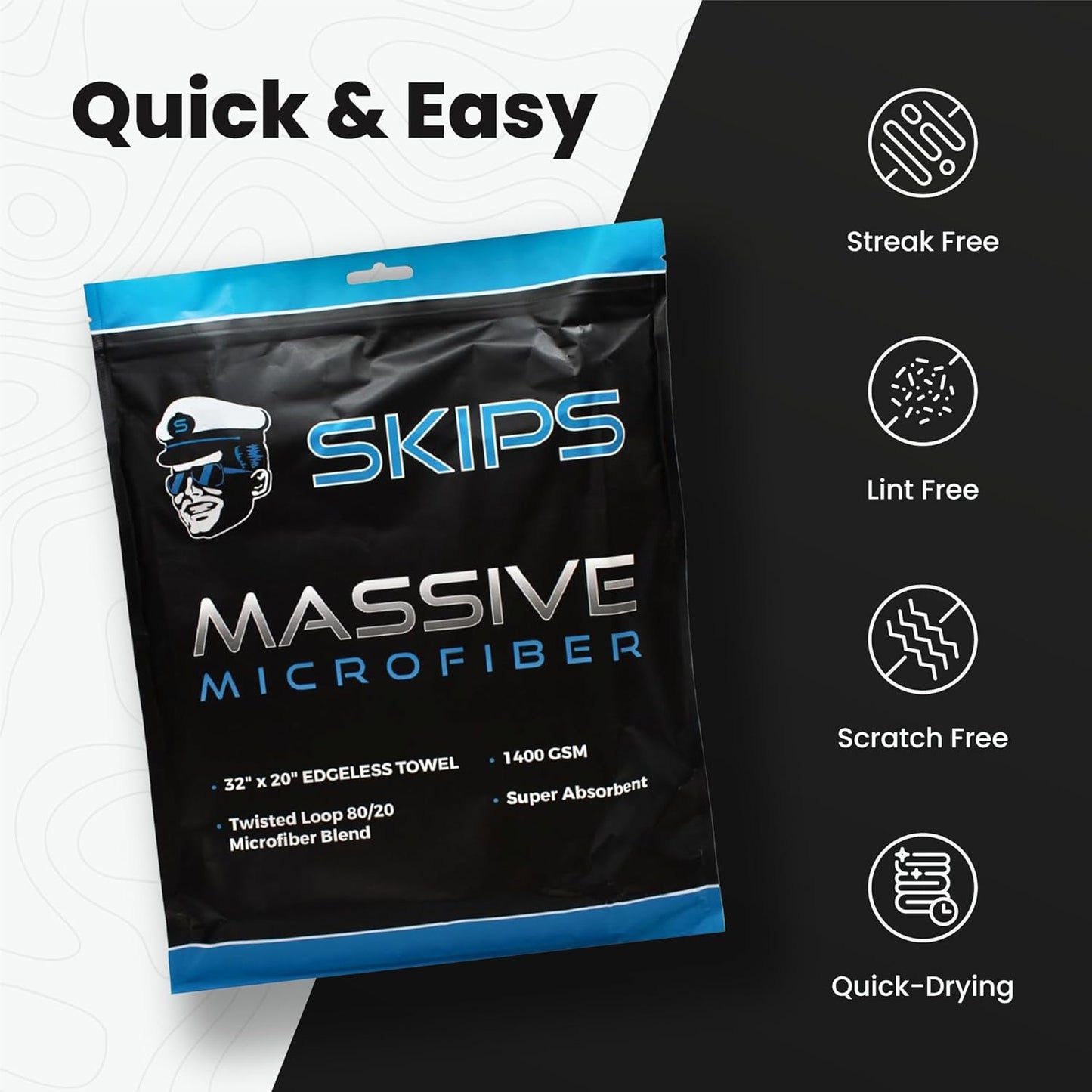 SKIPS Massive Microfiber Towel: Premium, Lint-Free Microfiber Cleaning Towel for Cars, Boats, and Large Surfaces - Absorbs 1 Gallon of Water, Ultra-Soft, Streak-Free, Safe for Paint