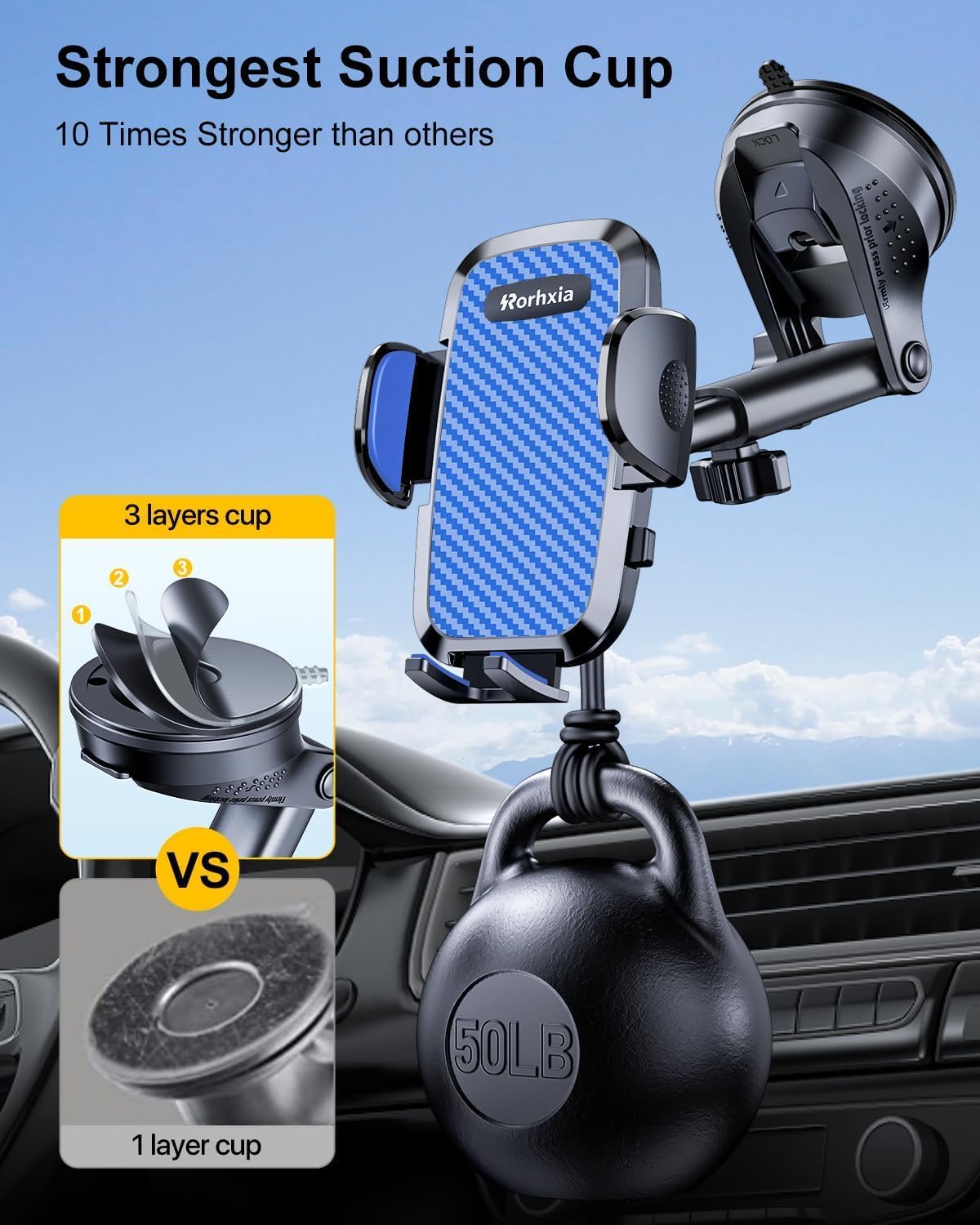 Blue 3-in-1 Phone Mount for Car [2025 Most Stable and Flexible Suction Cup] Vent Dashboard Windshield Cell Phone Holder Car Fit for iPhone, Samsung, All Phone