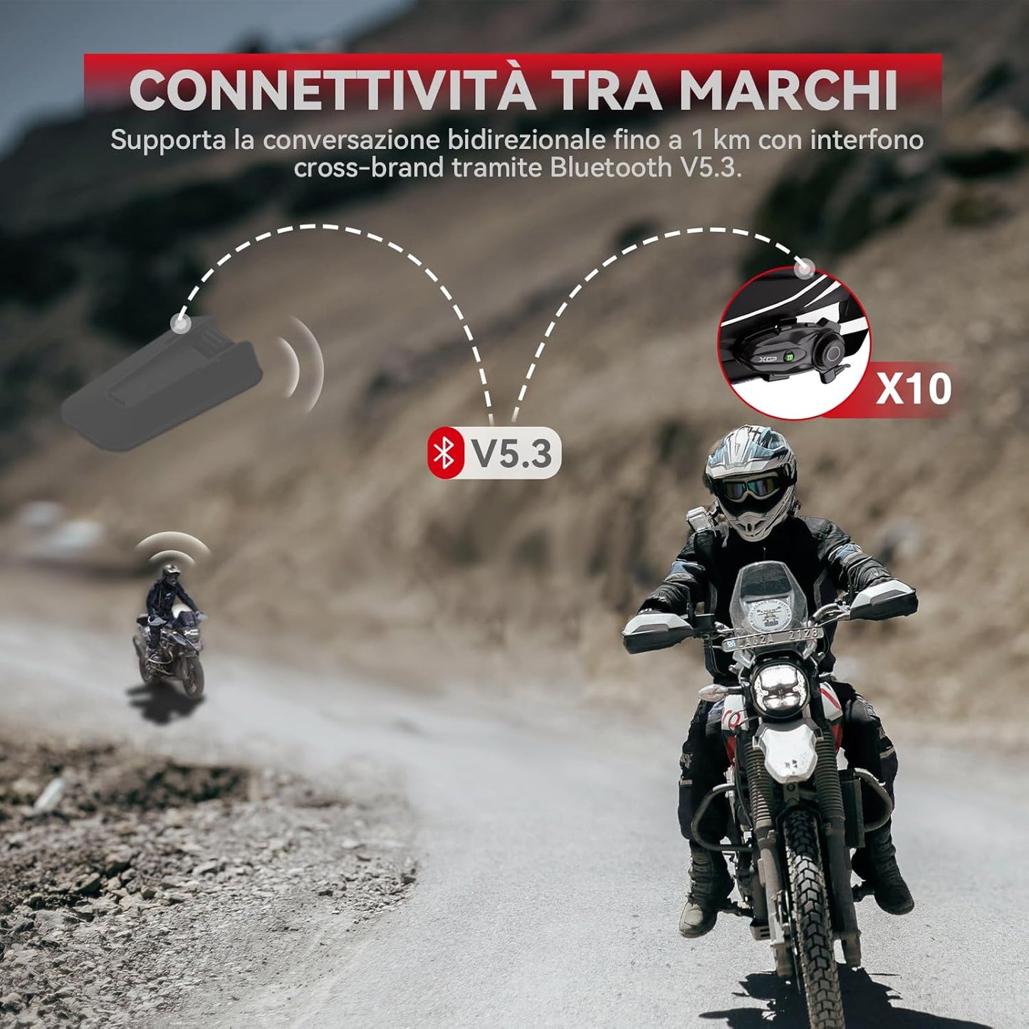 X10 10 Riders Group Mesh Motorcycle Intercom, 3000m Motorcycle Bluetooth Headset V5.3 with Audio Multitasking/Music Sharing, Helmet Communication Systems for ATV/Snowmobile/Ski,1 Pack