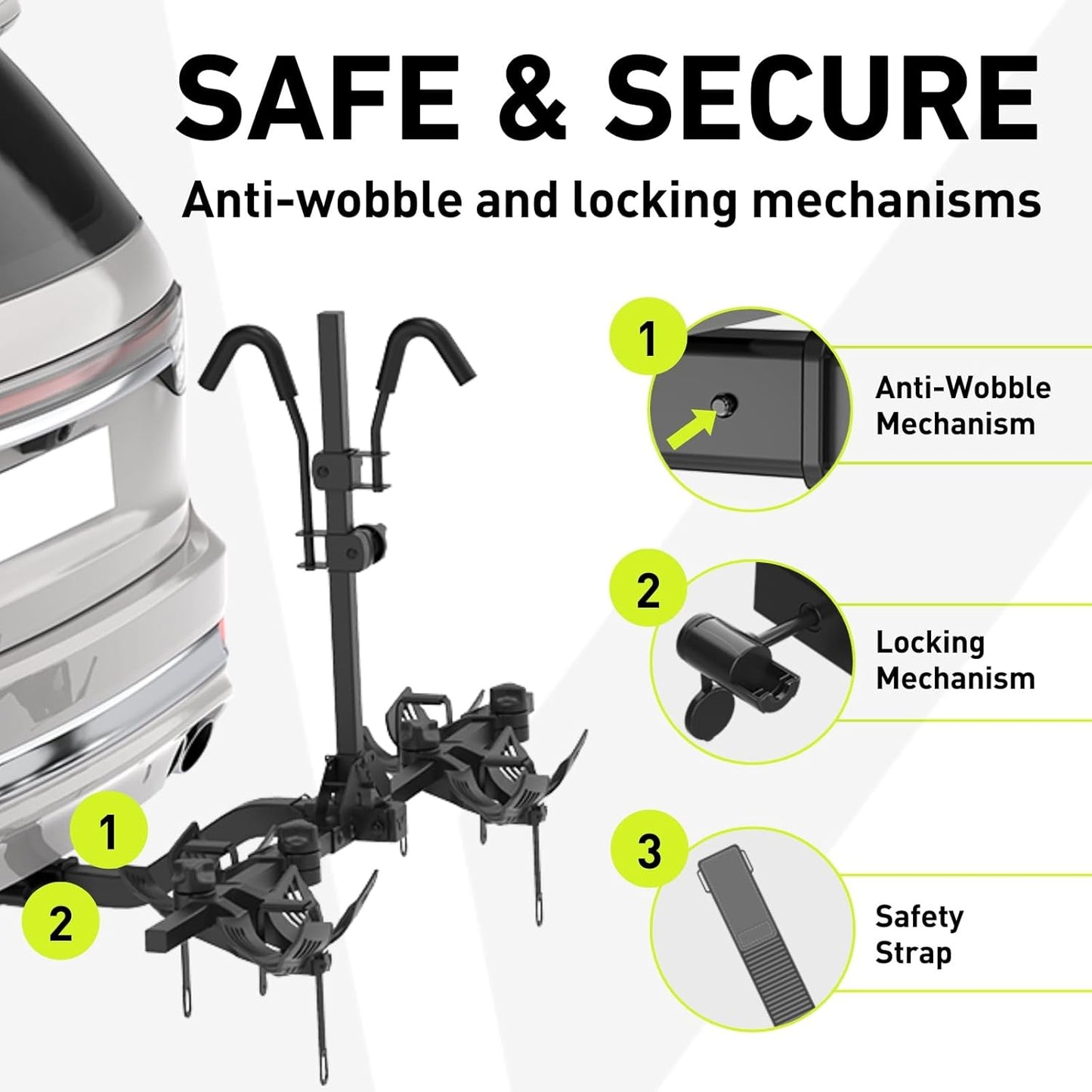 Vibrelli Hitch Bike Rack - 2 Ebike Rack - Fits Fat Tire, Mountain Bike, Electric Bikes, Road - 65lbs per Bike - Patented Anti-Wobble - Cars & SUV - Tilting Folding Platform Car Racks, 2-Inch Receiver