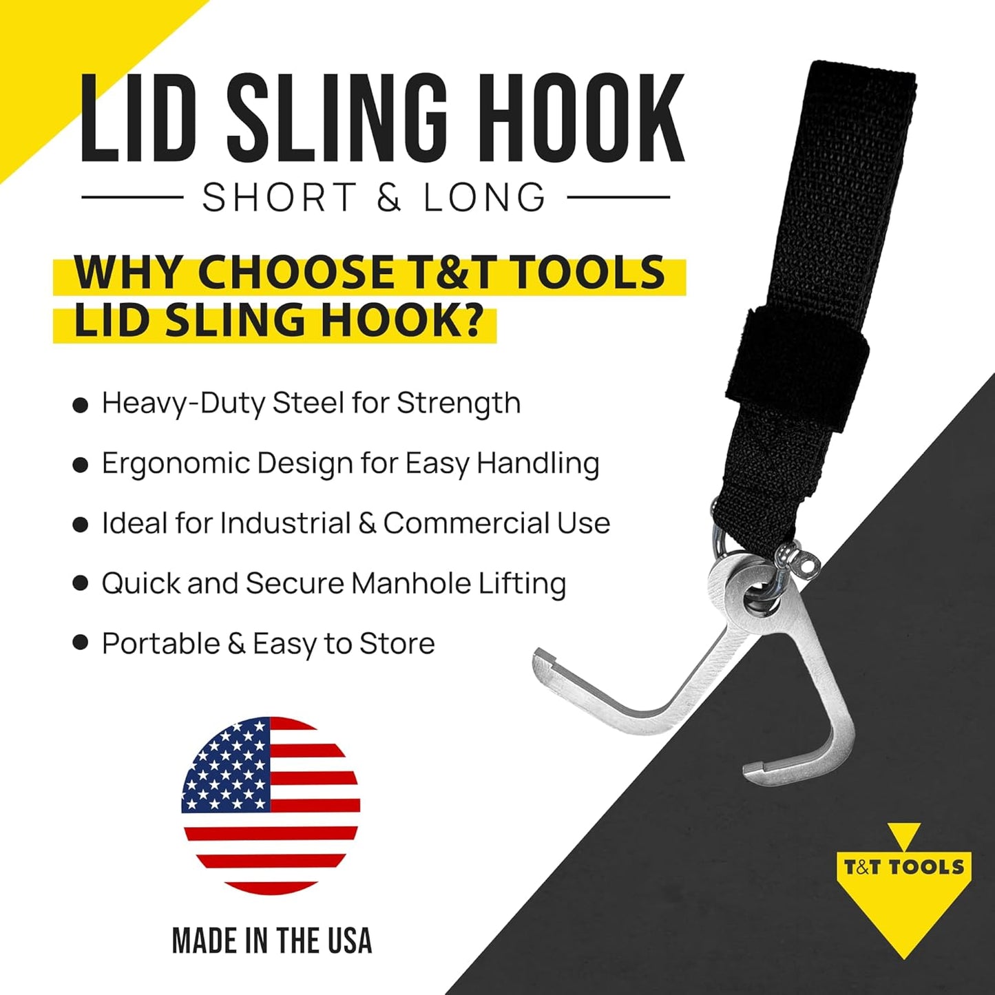 T&T Tools Lid Sling Hook - Lift Manhole Covers & Storm Drain Cover, Versatile Lifting Hooks, Rigid Steel Tool Hook for Moving (Short & Long)