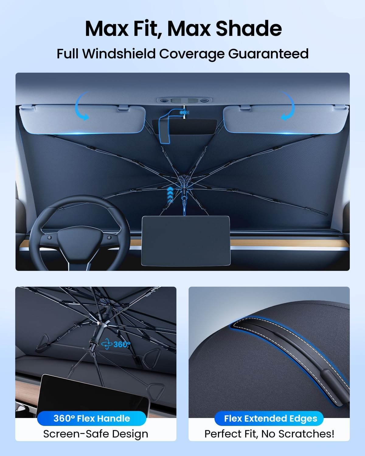 REEVAA 2025 Upgraded Truck Windshield Sun Shade Umbrella [100% Sun Protection & Keep Cool] Protect Interior, 360° Flex Handle Sun Shield Sunshade, Large (61''x35'') for Truck/Full-Size SUV Car