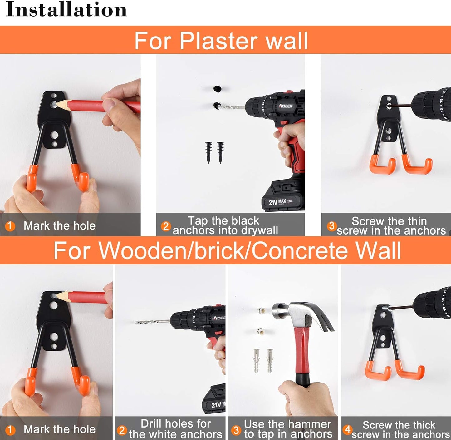 AOBEN Garage Hooks Heavy Duty, Steel Garage Storage Hooks, Utility Tool Hangers and Combinable Wall Mount for Organizing Ladder, Hold Chairs, Heavy Tools (Large U, 4 Pack)