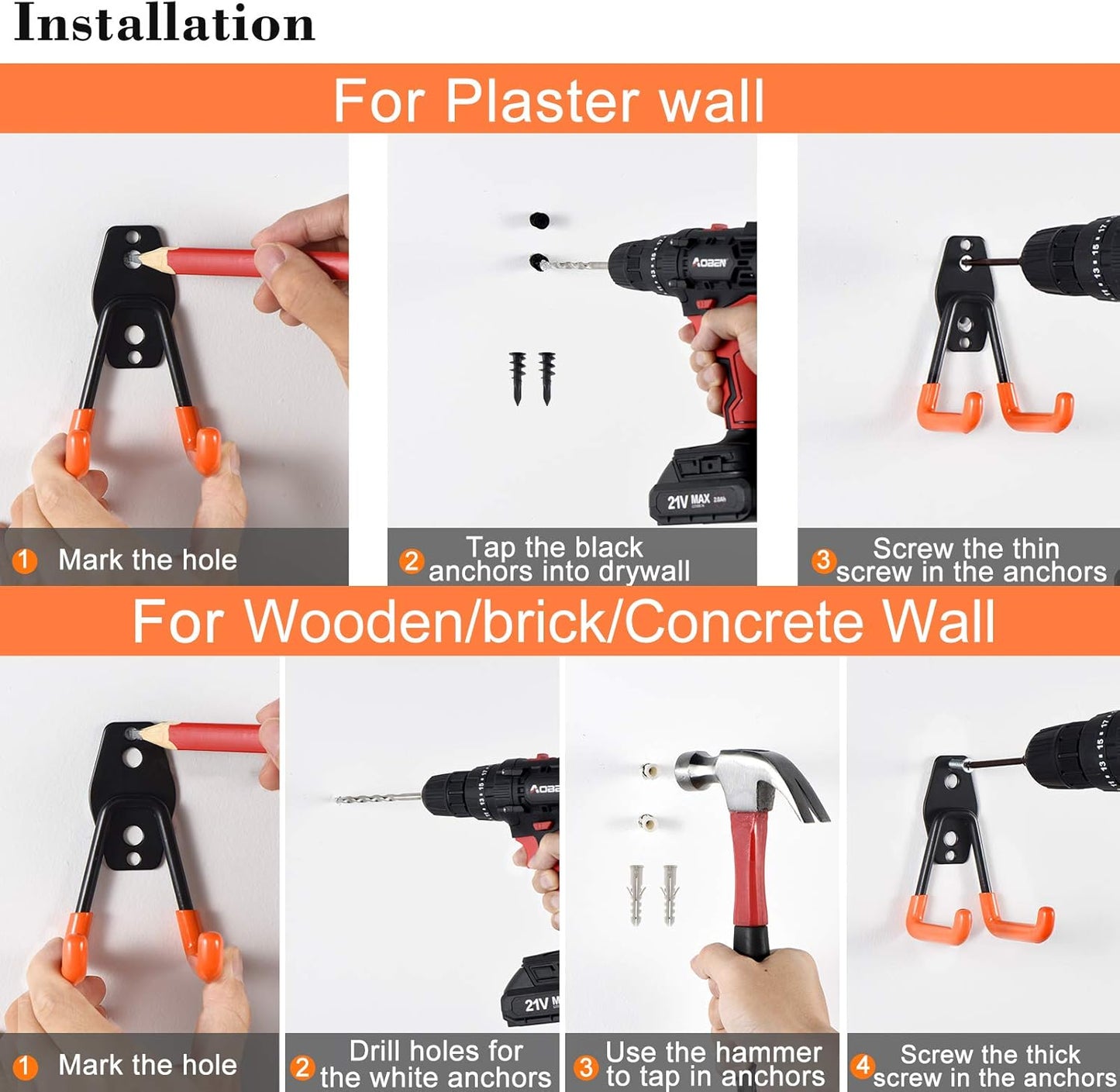 AOBEN Garage Hooks Heavy Duty, Steel Garage Storage Hooks, Utility Tool Hangers and Combinable Wall Mount for Organizing Ladders, Bikes, Hoses, and More Equipment (Large J, 4 Pack)