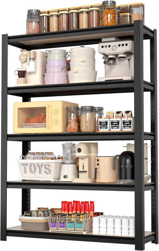 WORKPRO House 3000lbs 5-Tier Shelving Unit, 72" H Adjustable Storage Shelves, Boltless Book Shelf, Shelf Organizer for Kitchen, Living Room, Bathroom, Wood Grain Pattern, Waterproof Board, Black