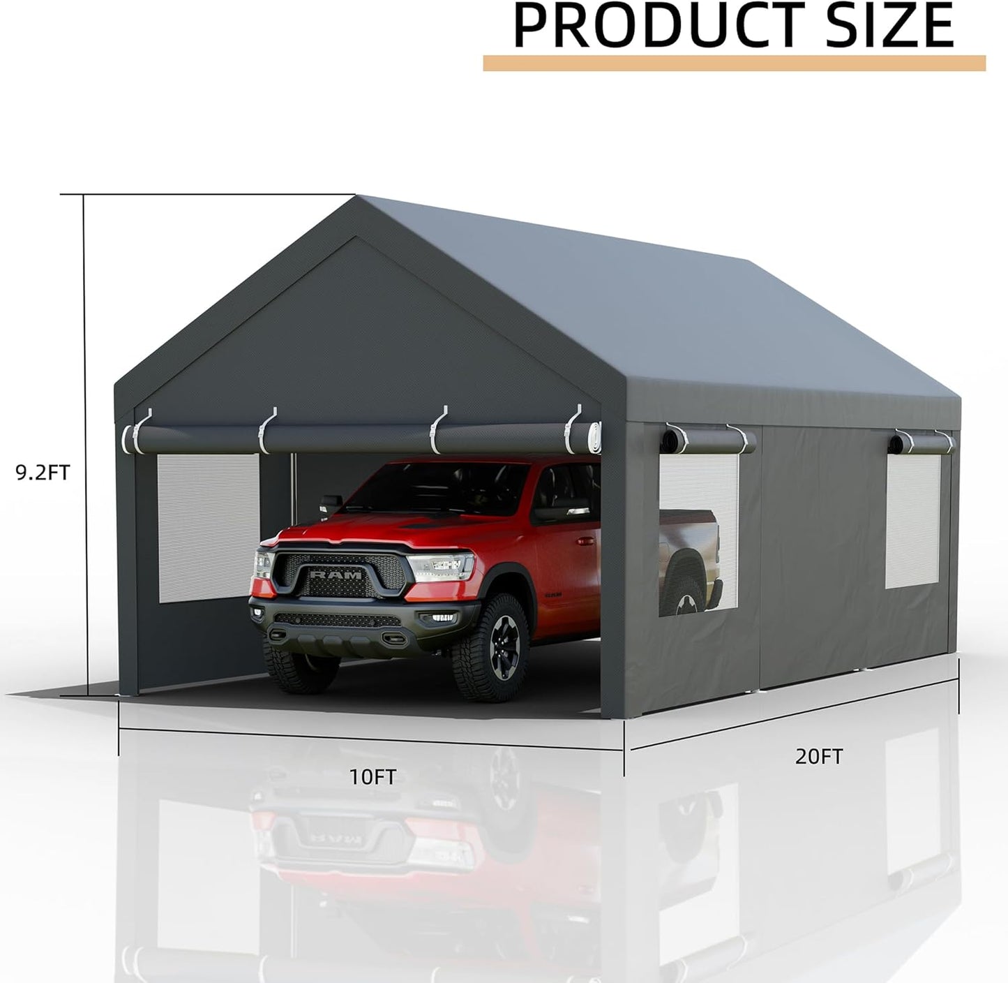JY QAQA Carport, 10x20 FT Heavy Duty Carport Reinforced Steel Poles with Removable Sidewalls & Doors,Roll-up Windows Car Canopy with Sandbags and All-Season Tarp for Car Boat Truck Motorcycle