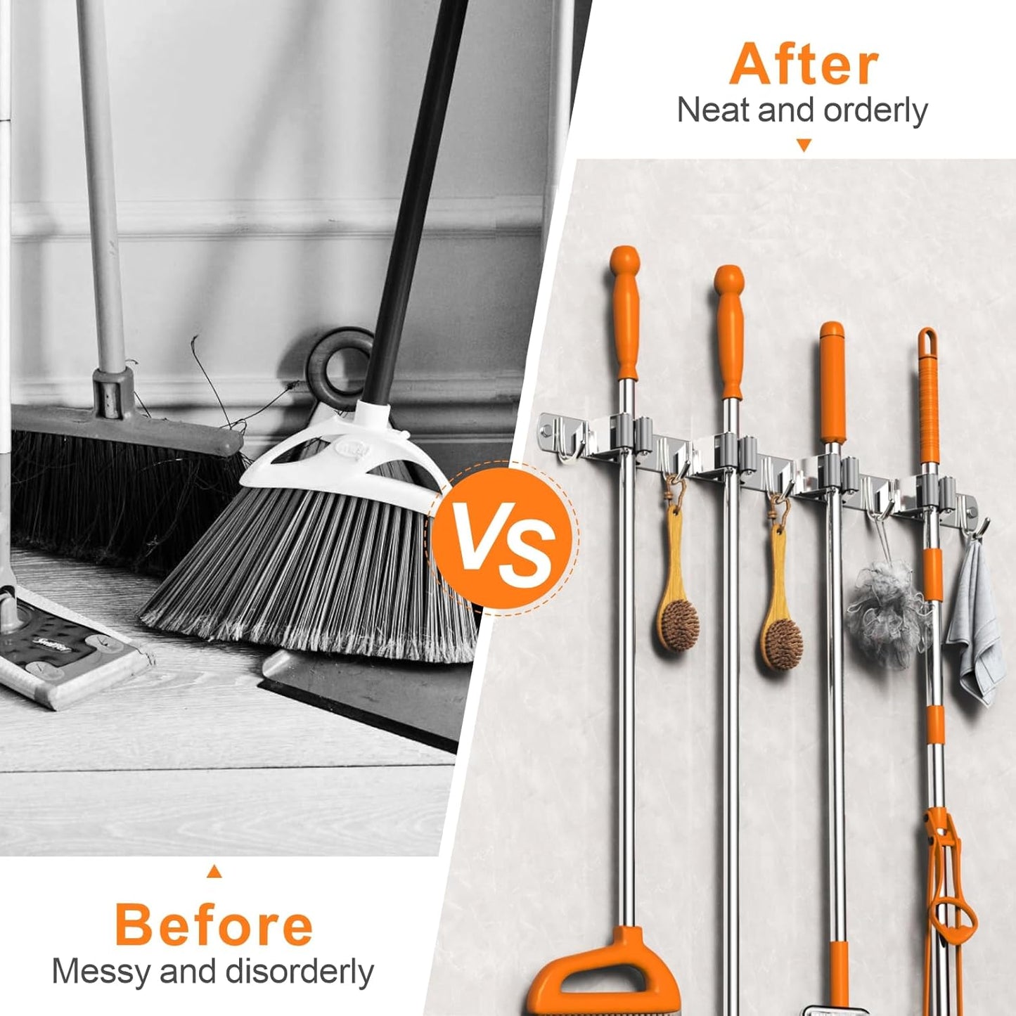 2 Pack Mop and Broom Holder Wall Mount, Non-slip Broom Hanger Wall Mount, Heavy Duty Mop Broom Organizer for Kitchen Garden Garage Laundry Room Wall Decor Organization and Storage Silver 4R5H