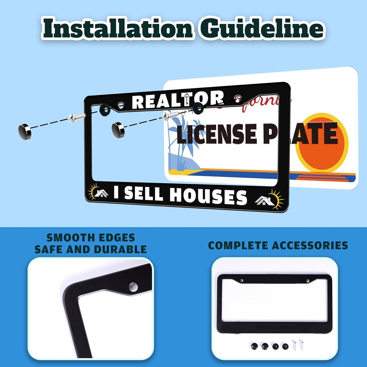 Realtor I Sell Houses License Plate Frame Funny House License Plate Holder for Front or Rear Car Tags Stainless Steel Car Decoration with Screws 6.3 X 12.2 in