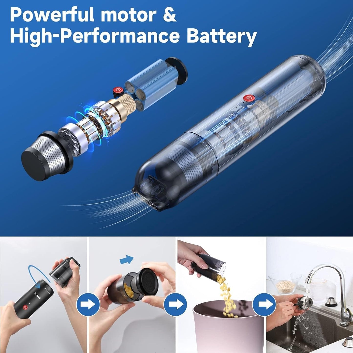 RUBOT Handheld Vacuum Cleaner, 16000PA Powerful Suction Car Vacuum Protable Cordless，Keyboard Cleaner Mini Cordless Vacuum for Car Home and Office