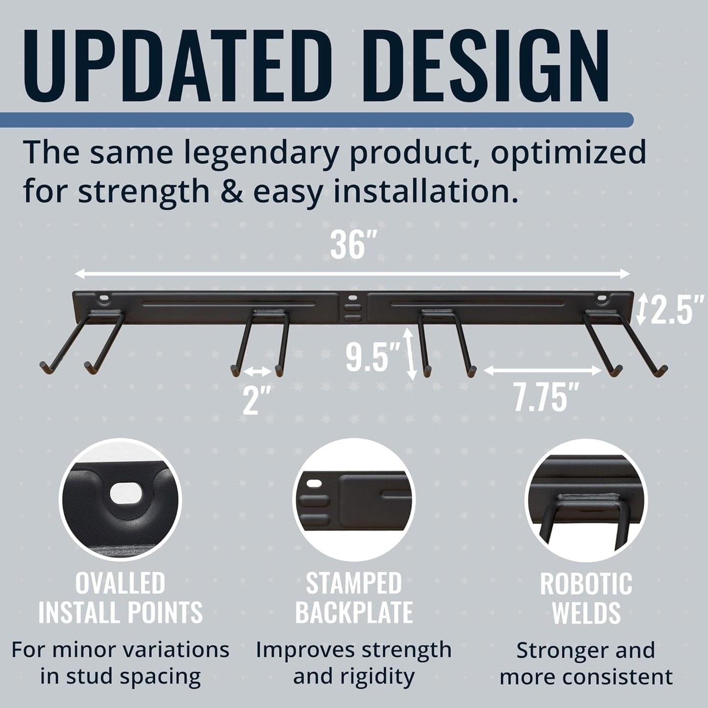 StoreYourBoard Wall-Mounted Rack With 4 Garage Hooks, Gray – Heavy-Duty Steel Holder Garage & Garden Storage for Shed, Workshop, or Home Organization – For Rakes, Shovels, Tools & More – 1 Pack, Gray