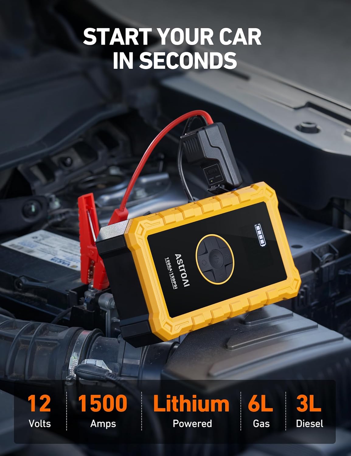 AstroAI S8 Air Jump Starter with Air Compressor, 1500A Car Battery Jumper Starter Portable (6.0 Gas/3.0L Diesel) with 150PSI Cordless Auto-Shutoff Tire Inflator, 12V Battery Charger Booster(Yellow)