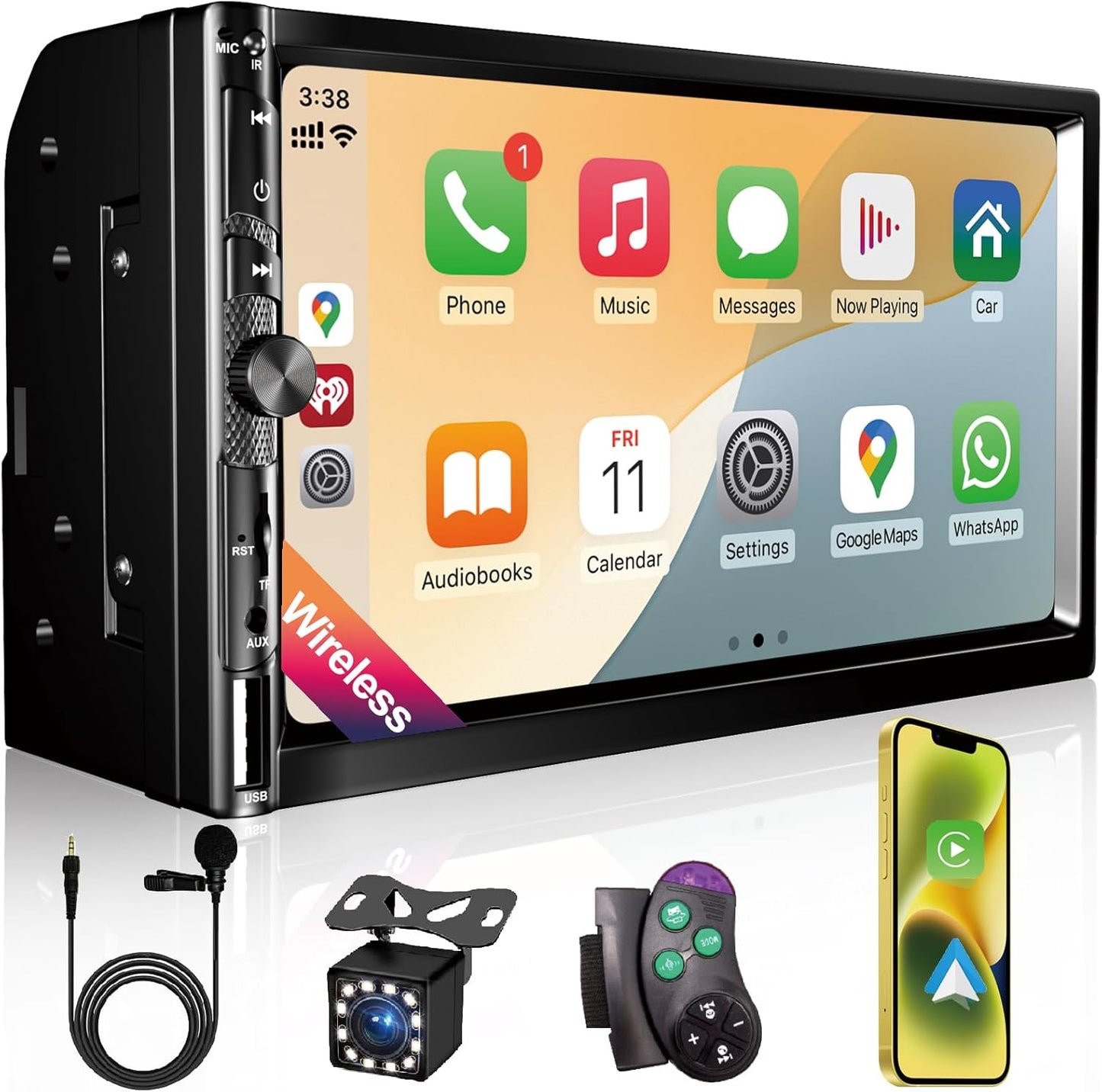 7 Inch Car Stereo with Wireless Apple CarPlay,Double Din Car Radio Androdi Auto,Bluetooth 5.2,IPS 1024 * 600 Display,FM Radio, Backup Camera,Online Navigation,178 * 100mm,Car Audio Receivers