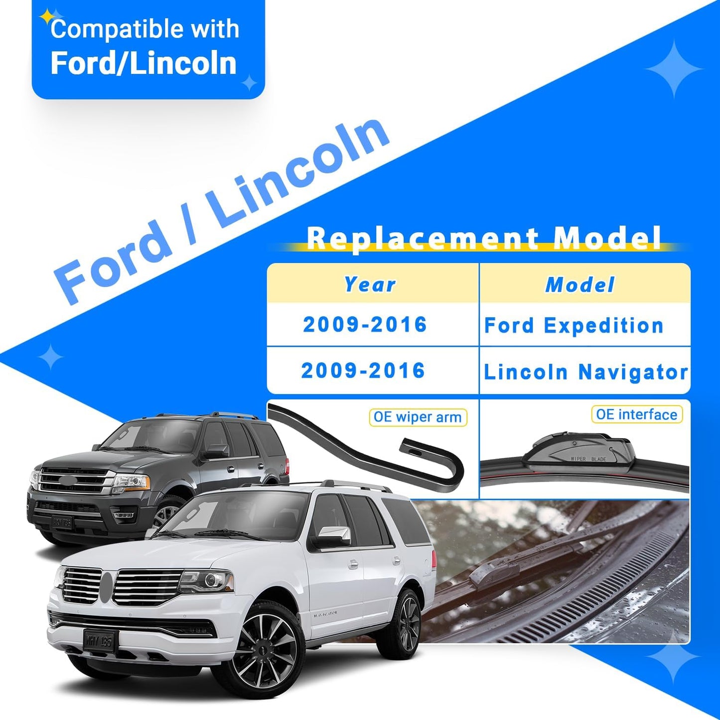 Windshield Wiper Blades Replacement for 2009-2016 Ford Expedition Lincoln Navigator Original Factory Quality Front Rear Wipers Blade Set for My Car - 22" 22" 16" (Pack of 3)