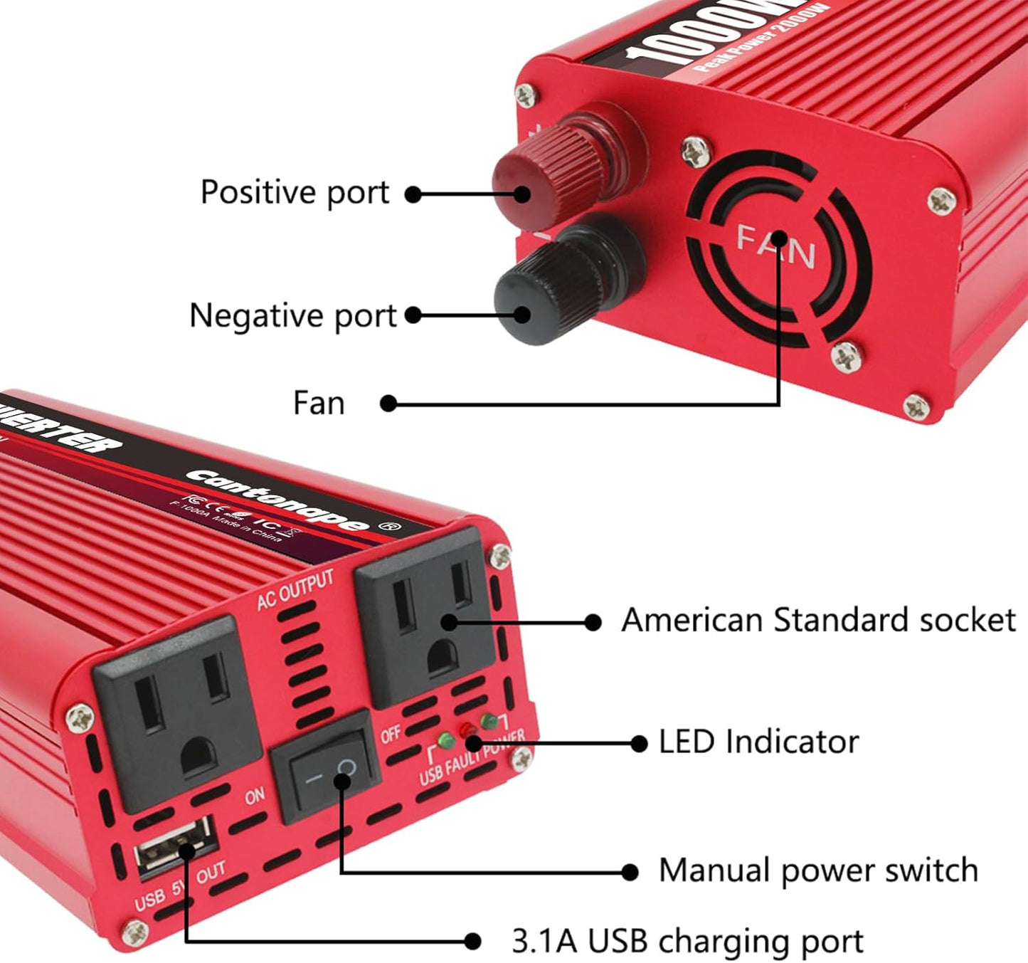 1000W/2000W(Peak) DC 12V to 110V/120V AC Power Inverter Converter with 3.1A USB Car Adapter and Cigarette Lighter for Car Home Laptop Truck