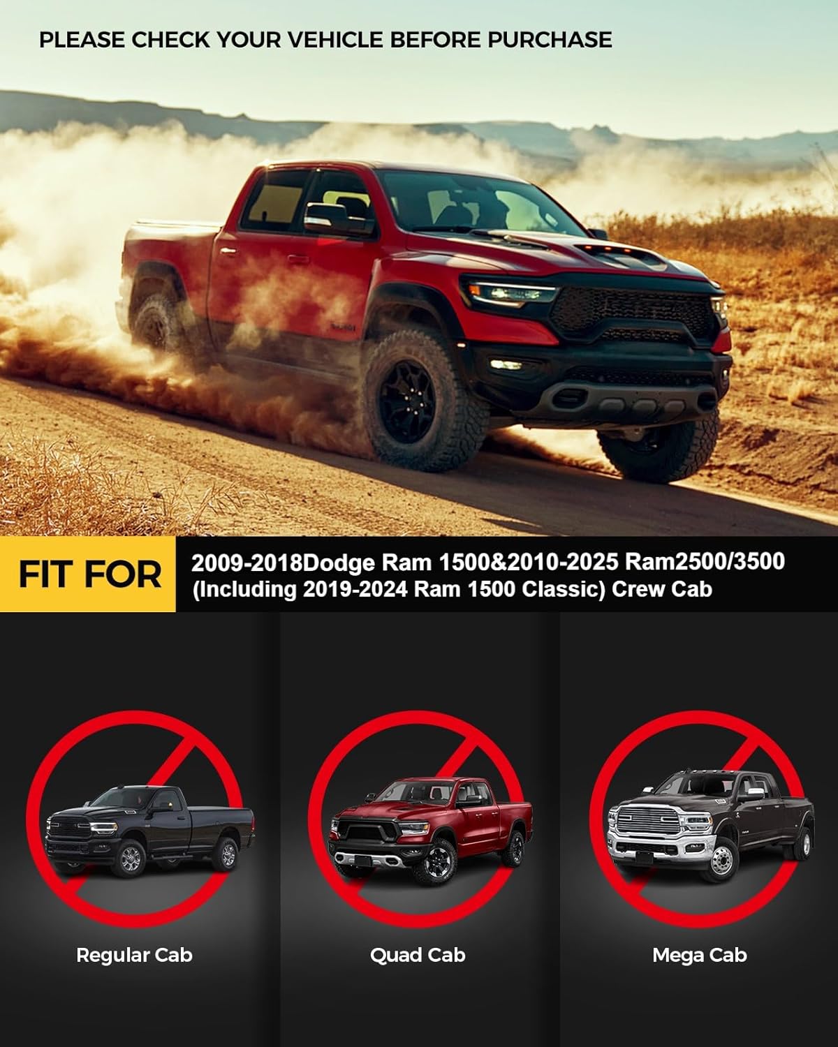 KYX Running Boards for 2009-2018 Ram 1500/2010-2025 Ram 2500 3500 Crew Cab & 2019-2024 1500 Classic Side Steps Nerf Bars Truck Step Rails