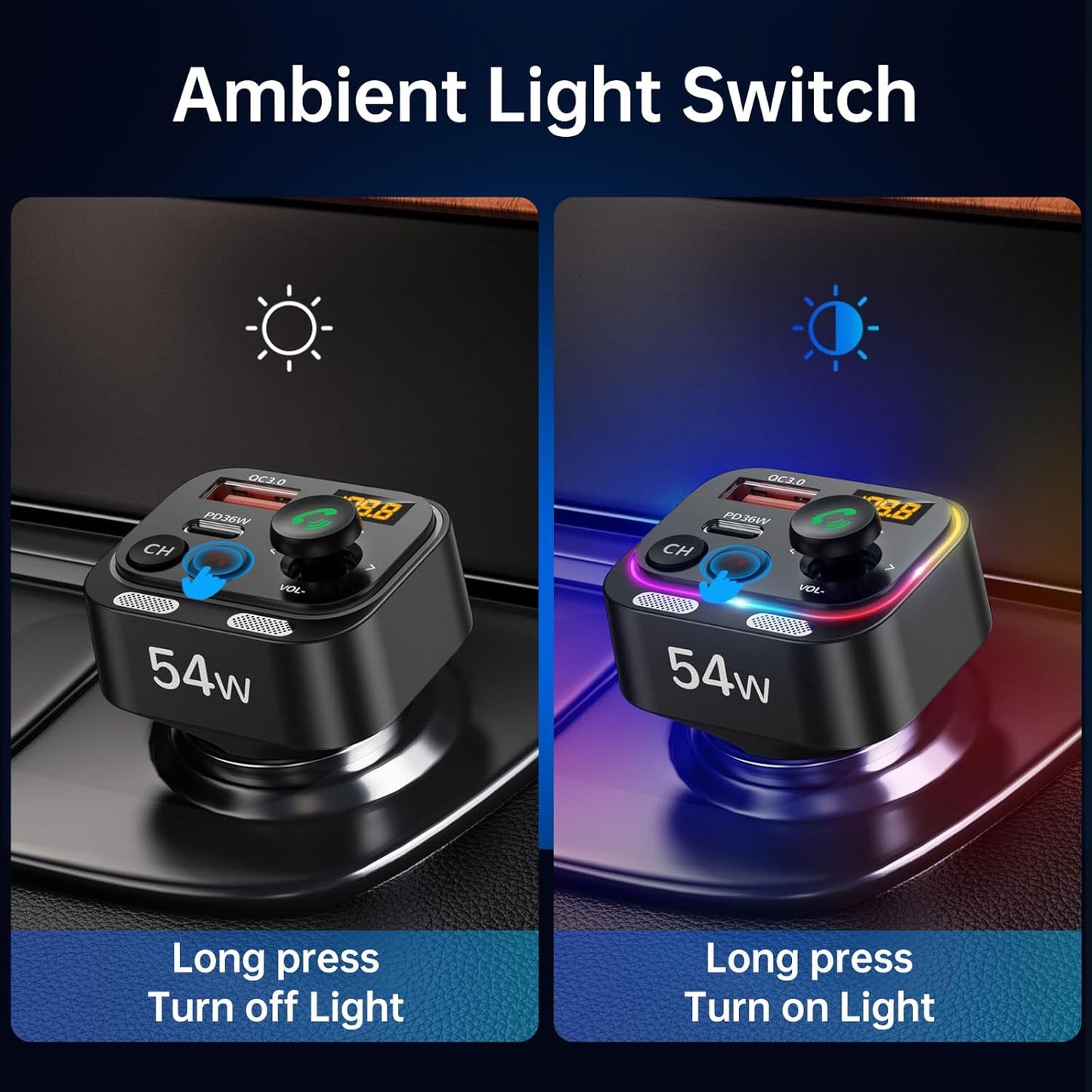 Syncwire Bluetooth 5.4 FM Transmitter Car Adapter 54W (PD 36W & 18W) [Stronger Dual Mics] [Light Switch] [HiFi Bass Sound] [Fast Charging] Wireless Radio Receiver Hands-Free Calling LED Display