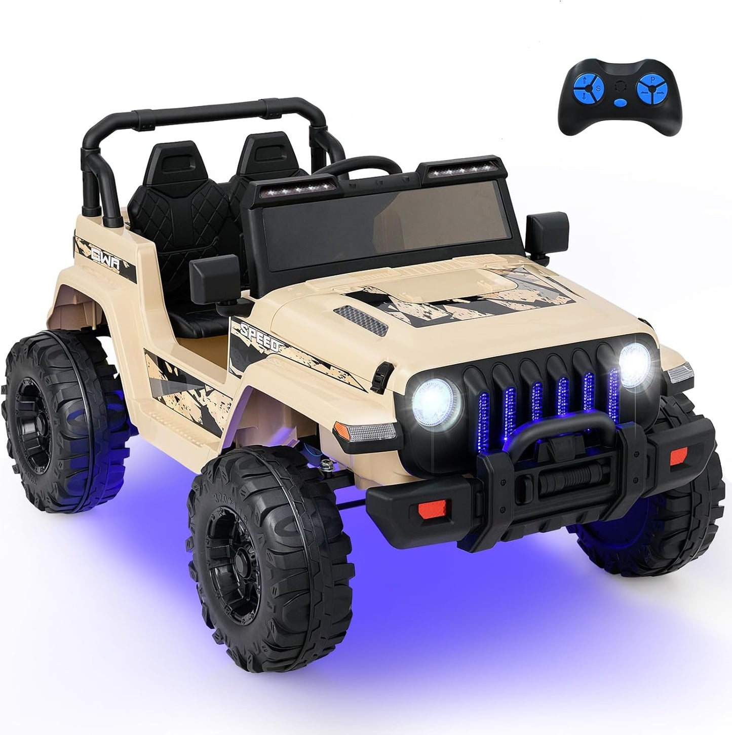 INFANS Kids Ride on Car Truck with 2.4G Remote Control, 12V Battery Powered Electric Cars for Kids w/3 Speeds, Battery Display, LED Lights, Safety Belt, Music & Horn, Bluetooth/FM/USB (Khaki)