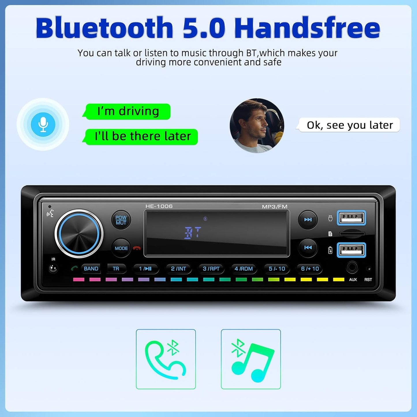 Single Din Bluetooth 5.0 Hands-Free Calling Car Stereo LCD Digital Display FM Radio MP3 Media Player USB/AUX/TF Card Input, USB Fast Charging