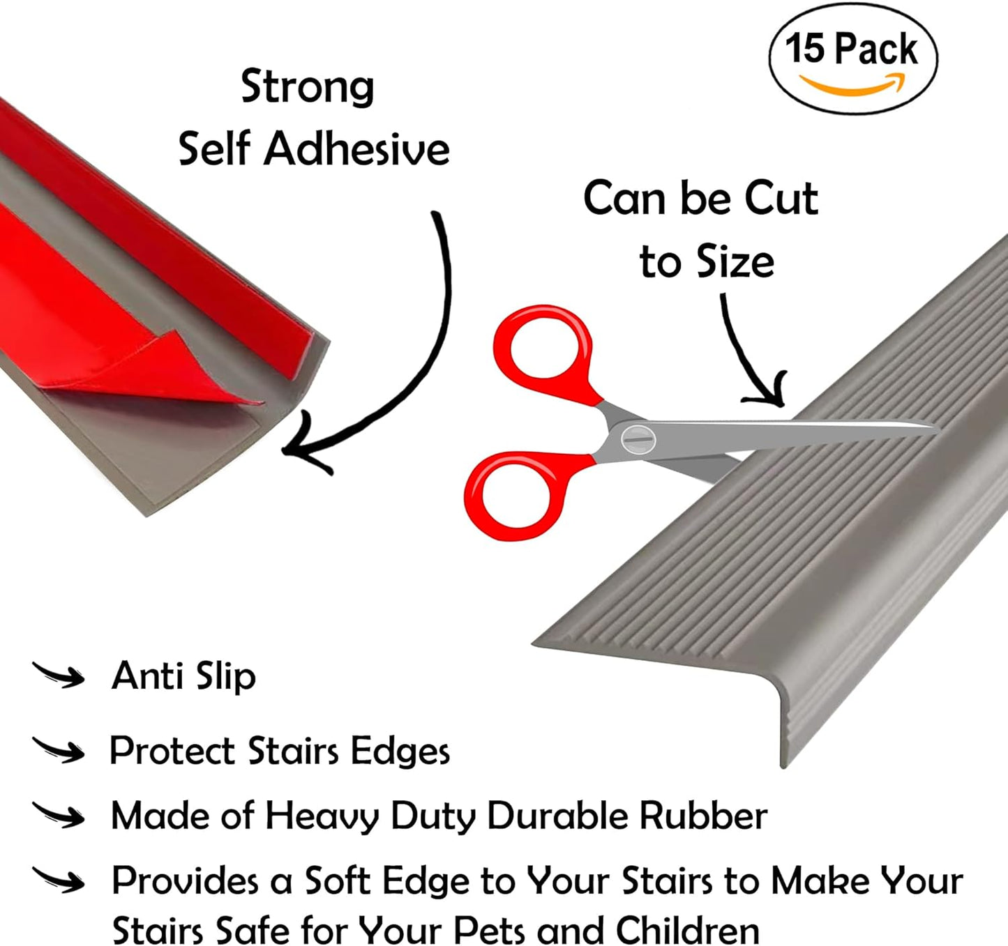 Rubber Bond Stair Edge Protector (Pack of 15) 36x2x1 inch Anti-Slip Stair Corner Trim Rubber Strips - Waterproof Self-Adhesive Staircases for Outdoor & Indoor Uses | Protect Kids & Pets - Grey