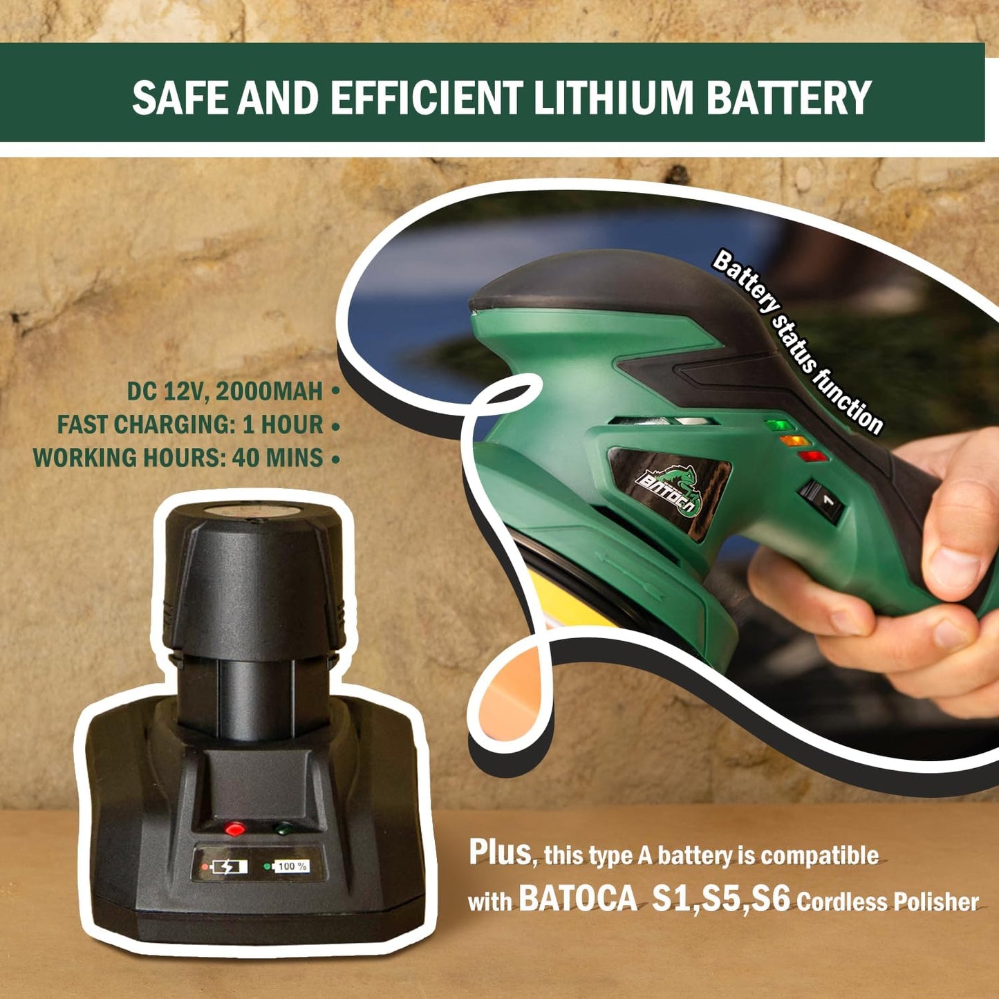 BATOCA - Cordless Car Buffer Polisher - 1pcs 2.0Ah 12V Lithium-ion Rechargeable Battery Powered Brushless Polisher with 6 Variable Speed, DA Orbital Buffer for Car Detailing, Polishing, Waxing