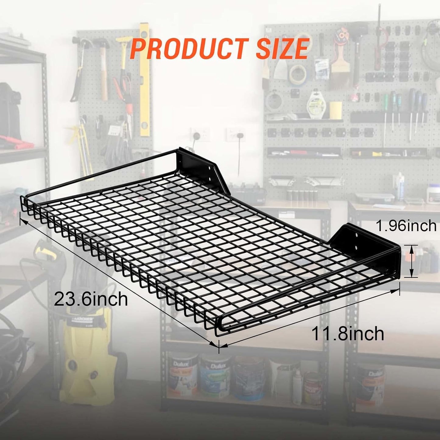 Wallmaster Heavy Duty Garage Wall Shelving 4 Pack 23.6"x11.8" Metal Wire Shelves Wall Mount Mesh Storage Rack for Garage, Office, Basement and Kithcen, max Load 65 lbs (Black)