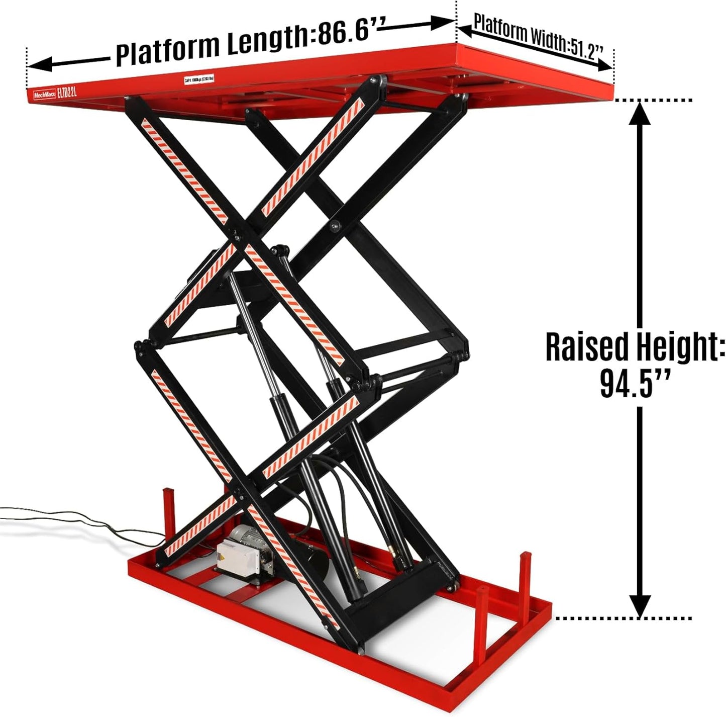 2200 lbs Capacity Stationary Powered Hydraulic Double Scissor Lift Table,86.6" x 51.2" Platform,94.5" Lift Height, UL Certified Moto,Model ELTD22L