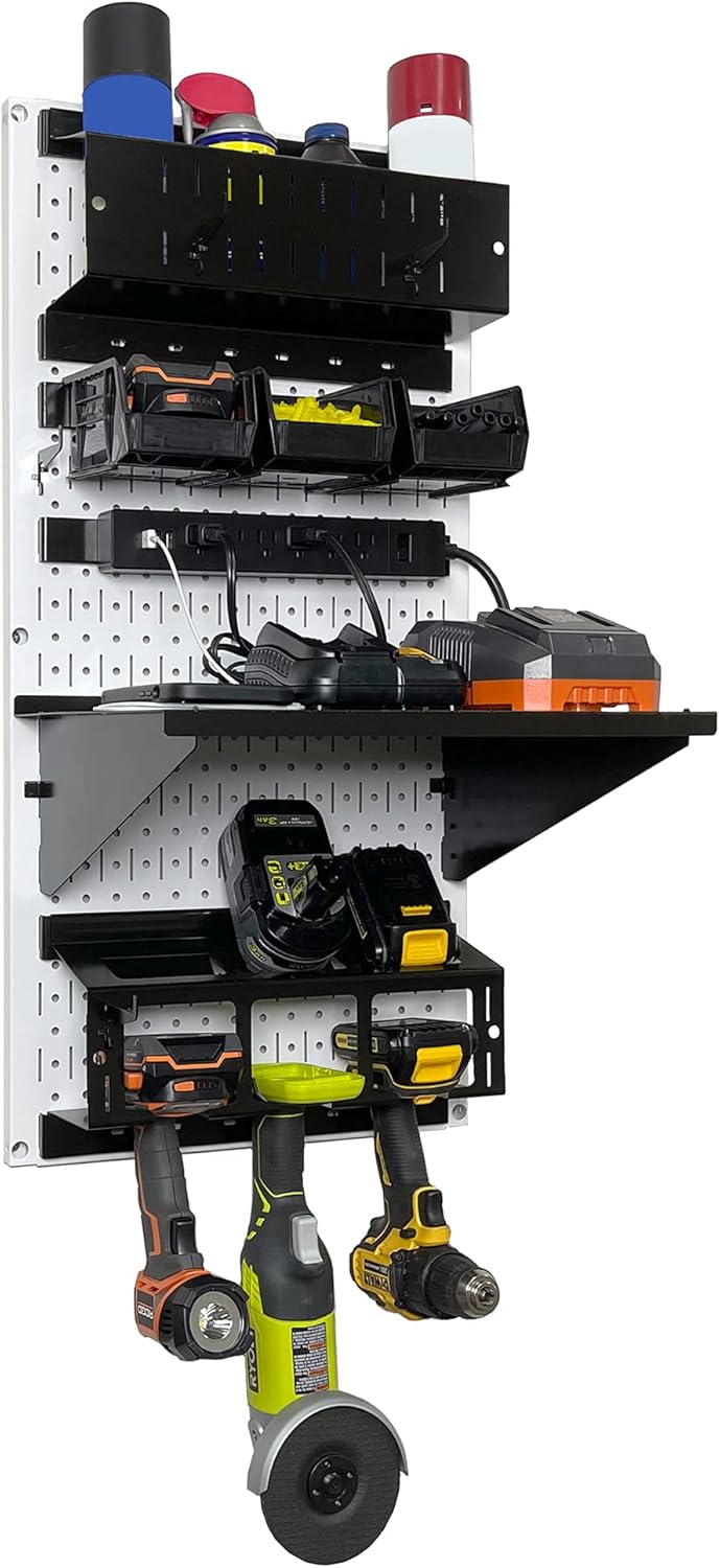 Wall Control Power Tool Storage Organizer Kit Cordless Drill Holder Charging Station Rack 16” x 32” Metal Pegboard Organization System (White Pegboard)