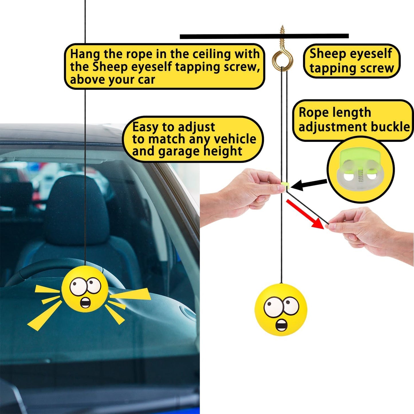 2 Sets Double Garage Parking Aids, Includes 2 Pieces Parking Assist Balls Garage Ball Stopper, 4 Pieces Plastic Cord Locks and 4 Pieces Screw Hooks Garage Parking Indicators for Car Parking