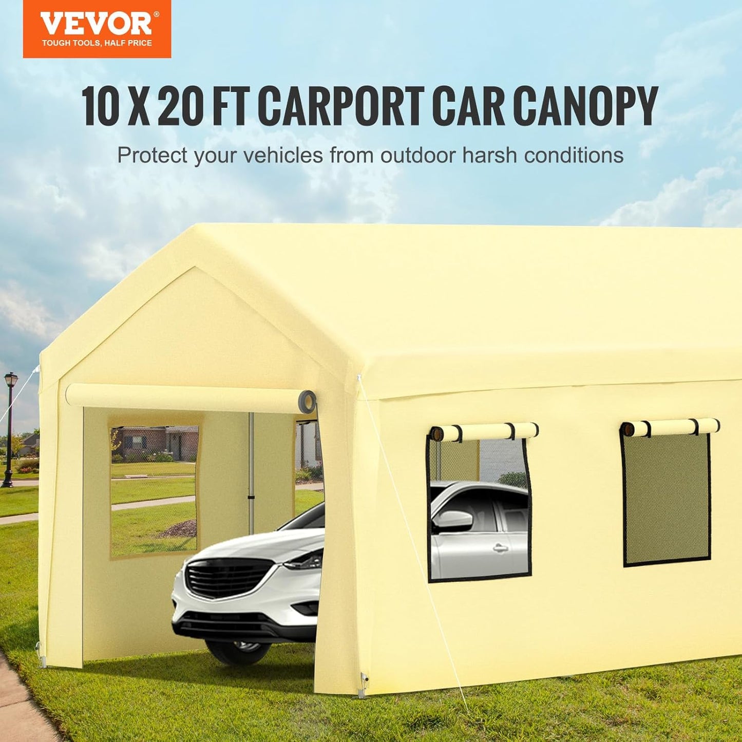 VEVOR Carport 10x20 ft Heavy Duty Canopy, Portable Garage Shelter with 8 Legs, Removable Sidewalls & Windows, Adjustable Peak Height 8.3-10 ft, Ideal for Cars, Boats, and Parties, Yellow