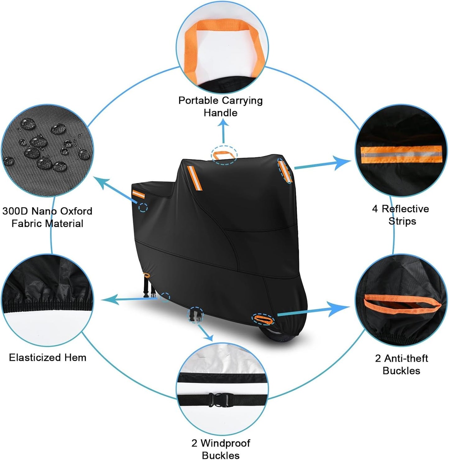 Waterproof Motorbike Cover Outdoor, Motorcycle Scooter Moped Rain Dust Protection Cover with 4 Reflective Strips and 2 Windproof Buckles, 2 Lock-Holes for Most Motorcycles (3XL: 104 x 35 x 49 inch)