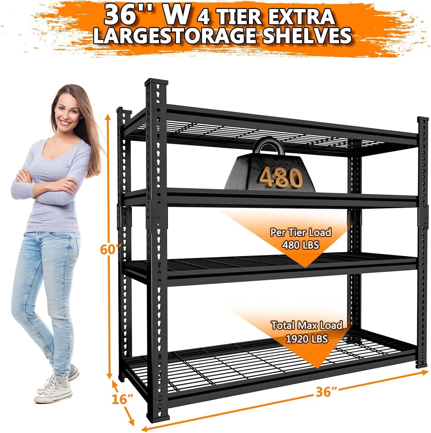 Storage Shelves Heavy Duty 3 PCS, 36"L x 16"W x 60"H Garage Wire Shelving Unit Loads 1920LBS, 4-tier Adjustable Metal Industrial Utility Shelf Rack for Kitchen, Laundry, Pantry, Warehouse, Basement