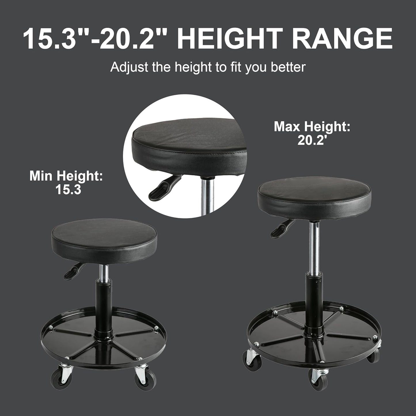 Aain Heavy Duty Adjustable Rolling Seat, with Tool Tray, 5pcs Casters, 15.3" to 20.2"