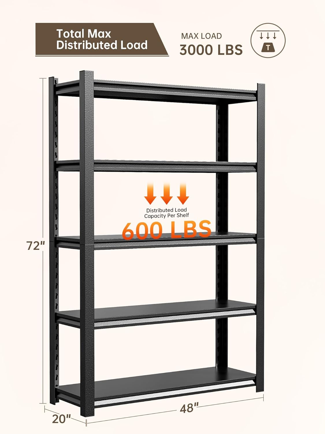 JHYKHG 72" H Storage Shelves,5-Tier Heavy Duty Garage Shelving,Adjustable Shelving Unit,Metal Shelf,Boltless Assembly Rack for Warehouse,Shed,3,000 lb Load,20 x 48 x 72 Inches,Black