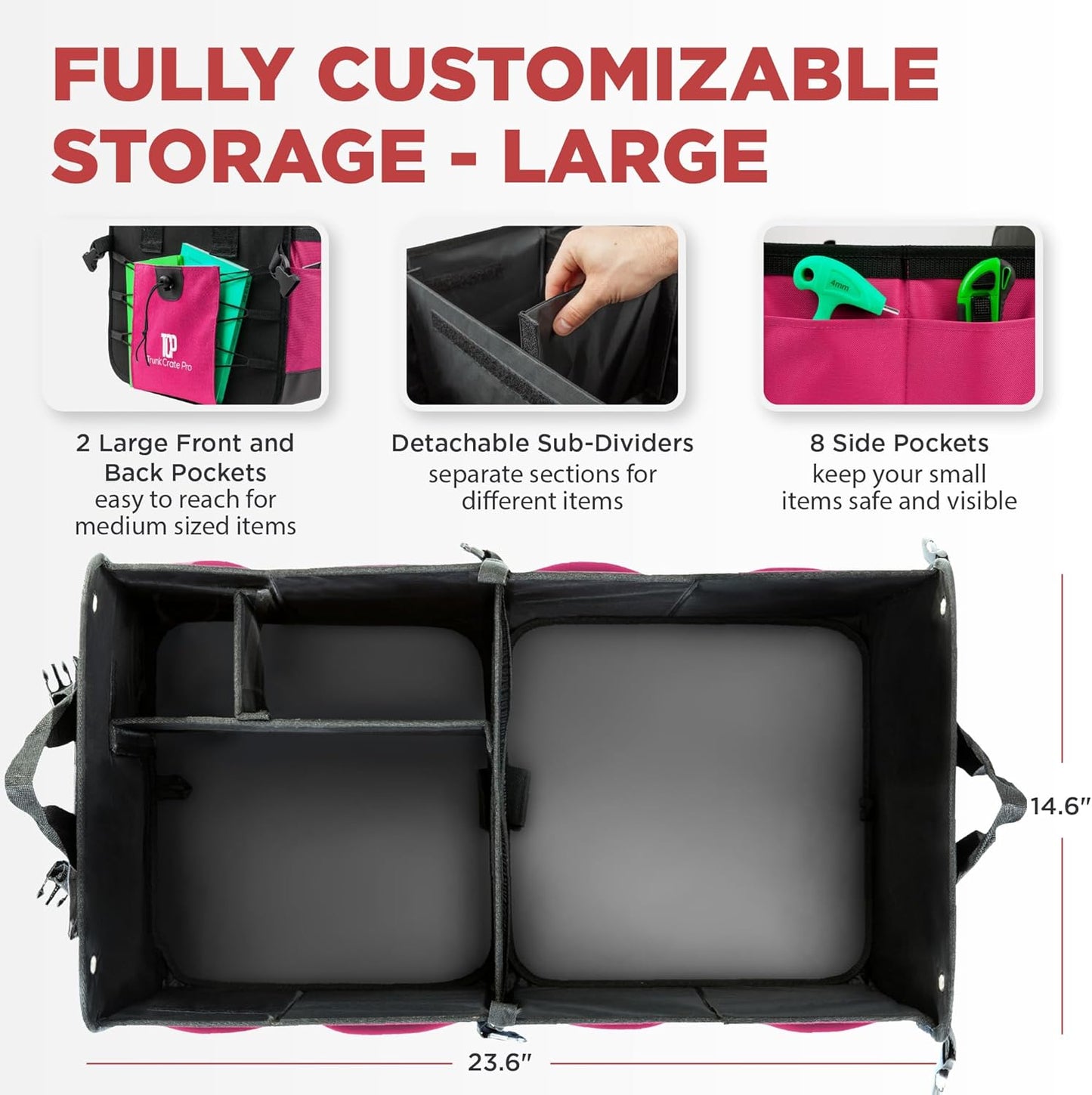 TRUNKCRATEPRO Pink Car Accessories For Women, Trunk Organizer For Car, Suv, Jeep Premium Adjustable Multi Compartments Collapsible (Large Capacity)