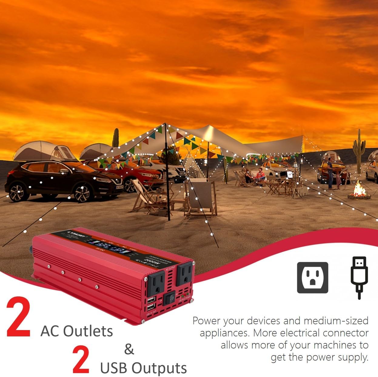 Power Inverter 1000W/2000W (Peak) Dual AC Outlets and Dual USB Charging Ports DC 12V to 110V AC Car Converter with Digital Display