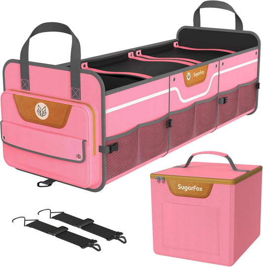 Trunk Organizer, Heavy-Duty Storage for Car & SUV, Foldable Waterproof Car Organizer with Cooler, Collapsible Multi-Compartment Storage, 95L, Pink-M003
