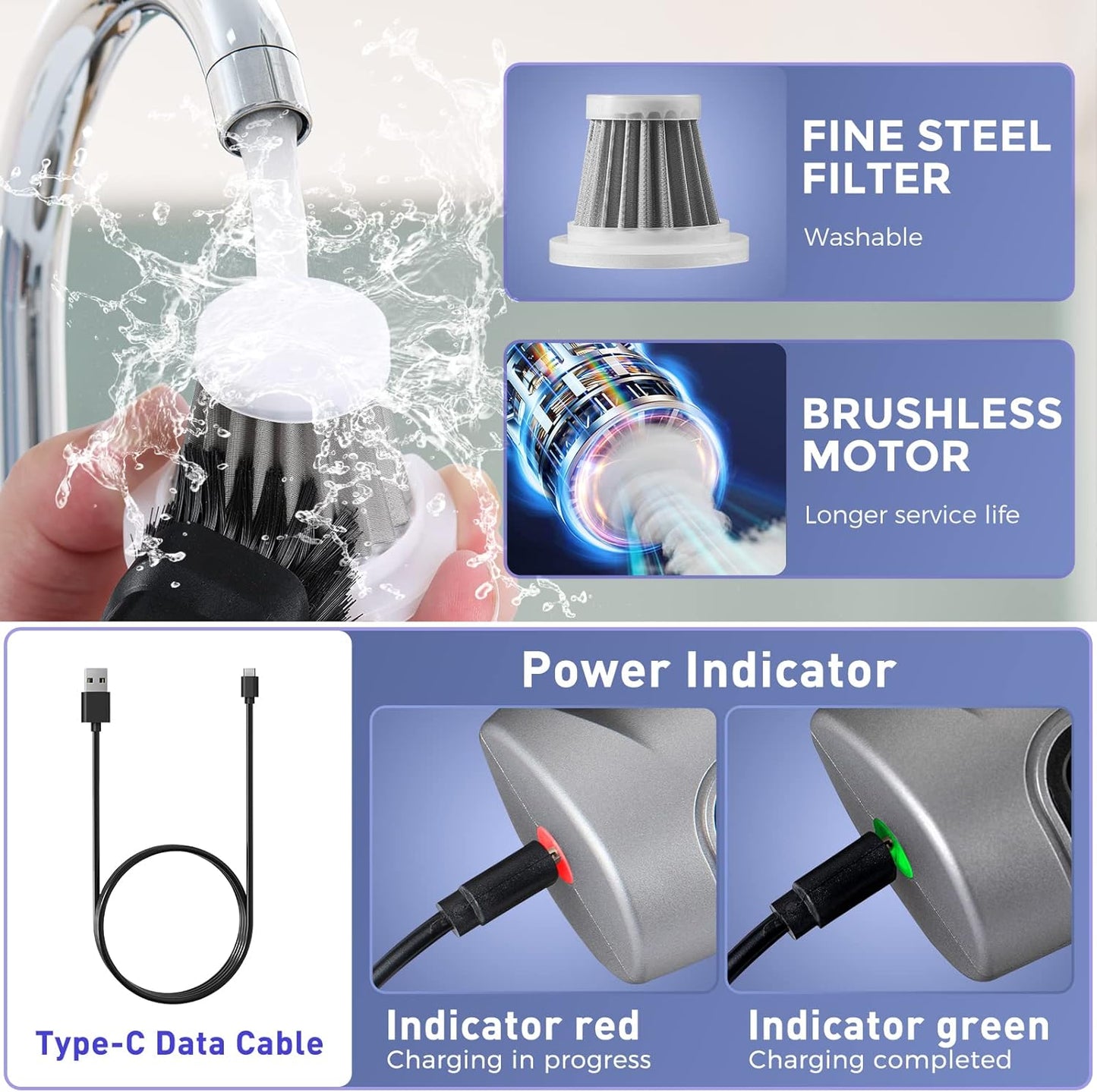 Saker Handheld Vacuum Cleaner Car - Wireless Mini Vacuum Cleaner 3 in 1 Multifunctional Brushless Motor 12000PA with USB-C,Portable Handheld Car Vacuum Cleaner for Keyboard Cleaning, Outdoor and Home