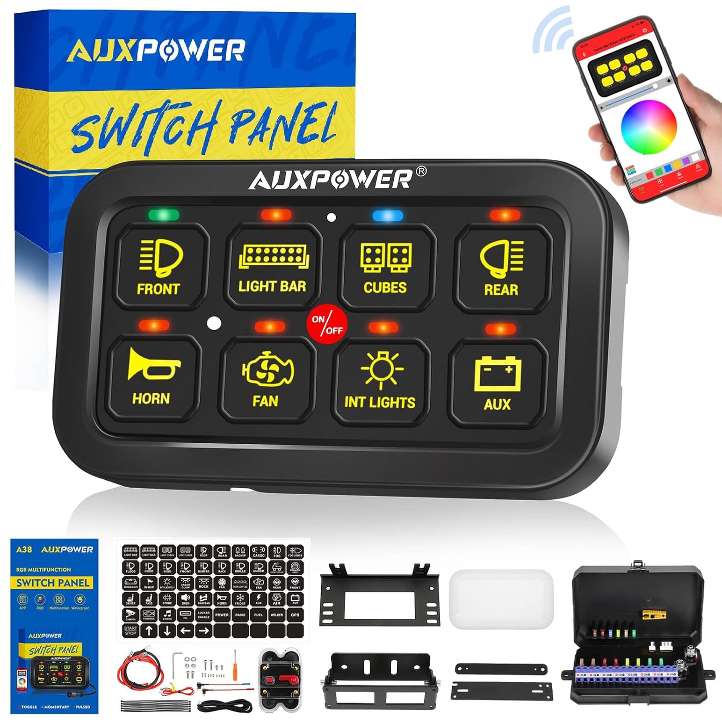 Auxpower RGB 8 Gang Switch Panel with App Control Turn On/Off Momentary Pulsed Multifunction 12V Switch Panel for Truck Circuit Control Relay System Switch Panel Waterproof for Car Boat Truck RV