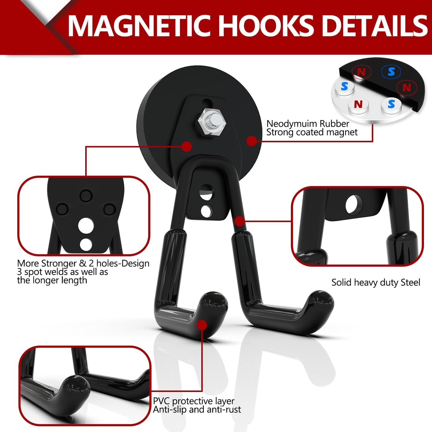 3-H Heavy Duty Magnet Garage Hooks 2 Pack, Large Strong Magnetic Hooks for Hanging Cordless Power Drill, Utility Magnetic Tool Holder for Metal Cabinet, Steel Pegboard, Toolbox, Garage(Black)