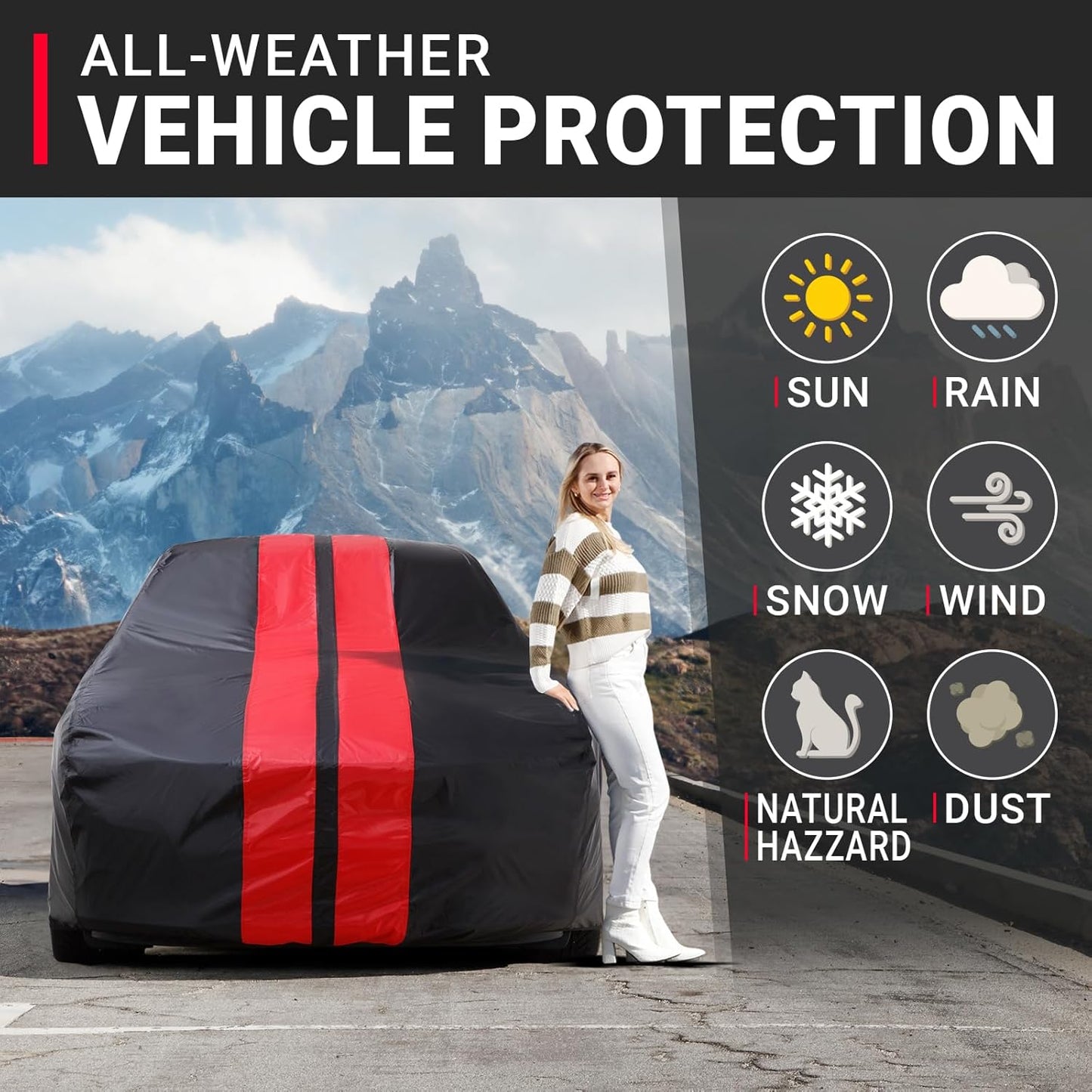 iCarCover Custom Car Cover for Pontiac Parisienne 4-Door (1971-1976) Waterproof All-Weather Rain Snow UV Sun Protector Full Exterior Indoor Outdoor Car Cover (Stripe - Black/Red)